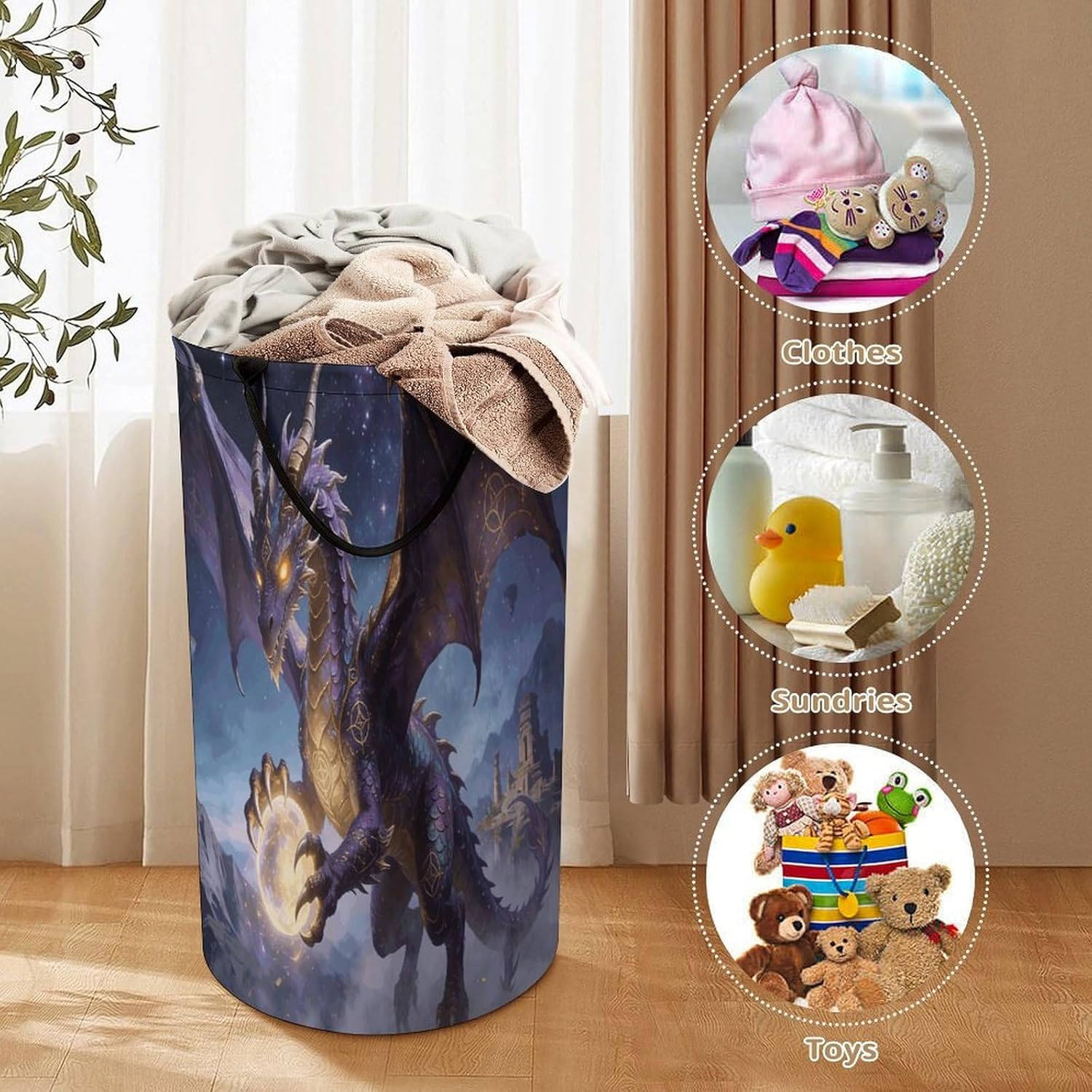 Fantasy Dragon Laundry Hamper 86L Waterproof Collapsible Clothes Basket with Double Handles Freestanding Foldable Laundry Basket Large Clothes Hamper for Bathroom