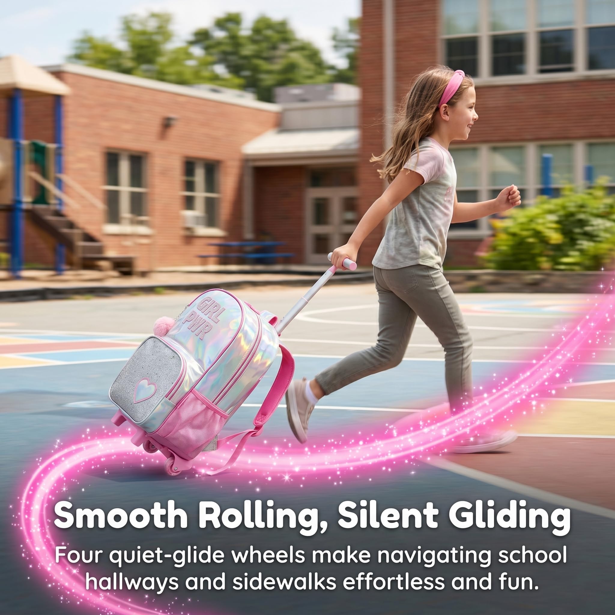 Kinder Rucksack mit Rollen für Mädchen die Schule Ledermaterial Koffer Schultrolley Komplett mit Lunchbag und Federmäppchen-Set Geeignet Grundschüler Jugendliche 5-12 Jahre Alt Rosa