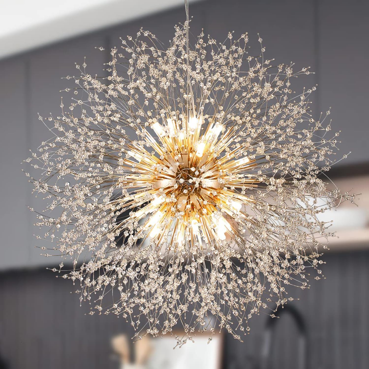 SYAXVOM Modern Dandelion Crystal Chandeliers - 16-Light Golden Fireworks Pendant Lamp for Kitchen Island Bedroom Farmhouse Foyer 31.5-Inch Diameter Lighting Fixture