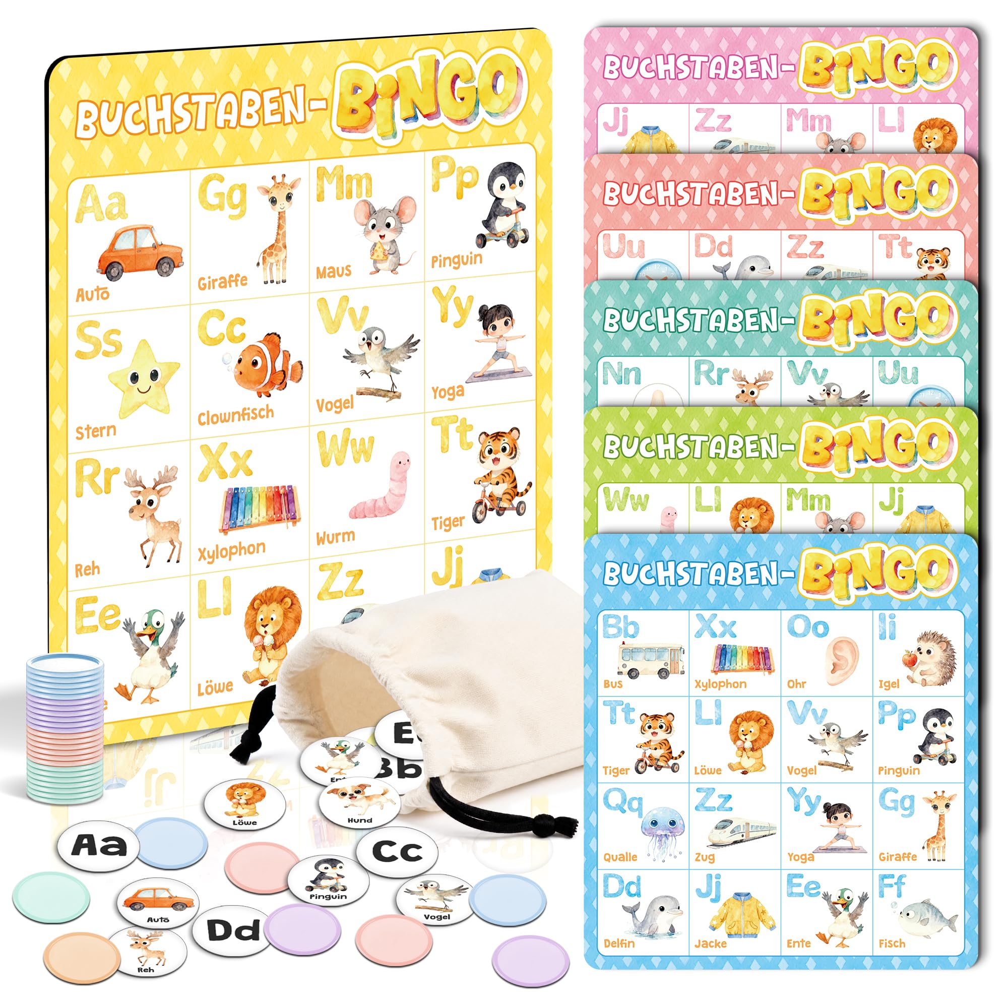 BIROYAL ABC Bingo Spiel Kinder ab 4 5 6 Jahre - Buchstaben Lernspiel für Schulanfänger - Lernspiel 1. Klasse - Gesellschaftsspiel Kinder - Einschulung Geschenk - Lernspielzeug