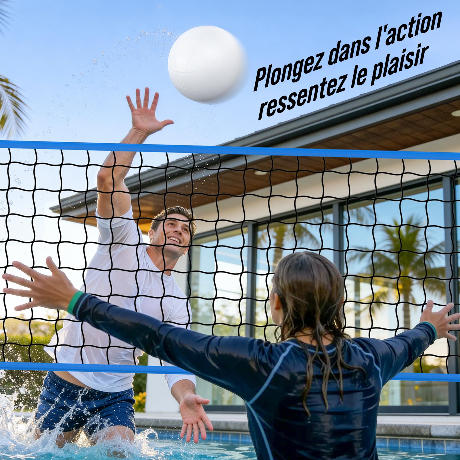 Filet Volley Piscine Portable, Longueur réglable 4,5 à 7,6 m, L'installation est Simple et Rapide, pour Jeux d’Eau, Jardin, Plage et Activités Extérieures