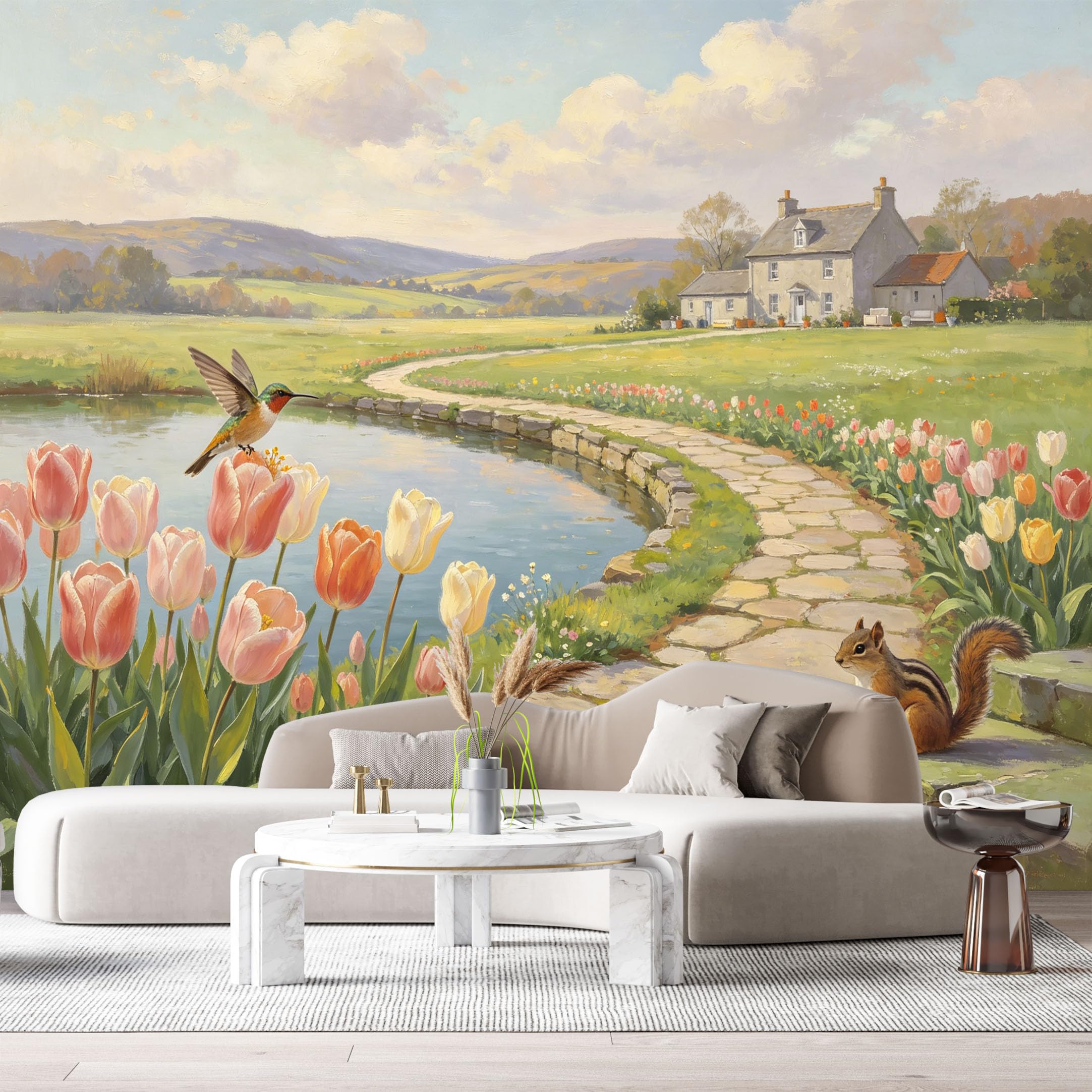 Custom Size Wall Murals Farmhouse American Country Oil Painting Tulip Pond Path Squirrel Hummingbird SelfAdhesive Wall Fabric Removable Large Wallpaper for Living Room