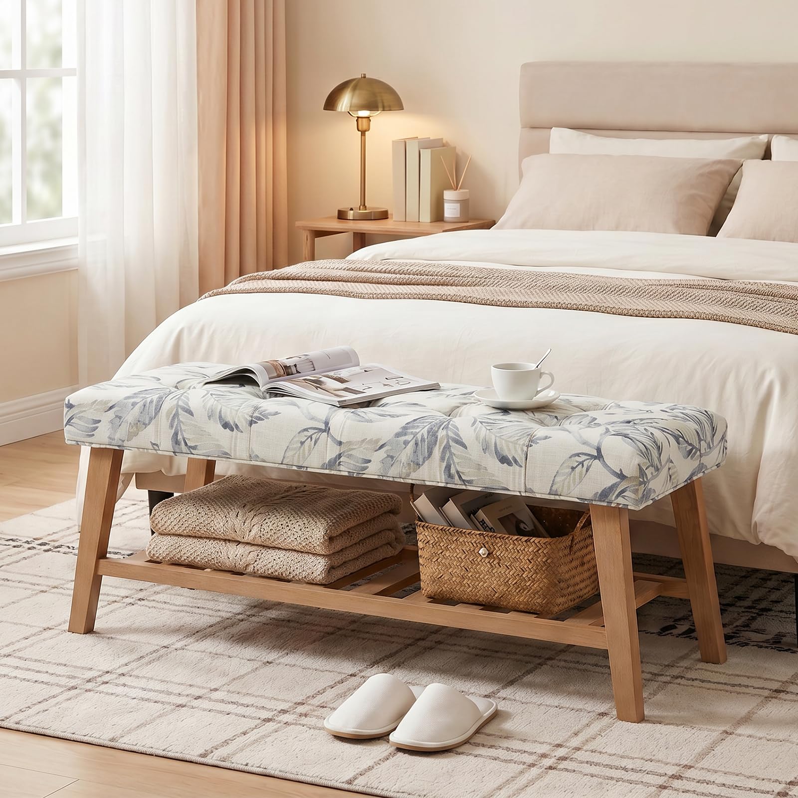 Wooden End of Bed Bench Entryway Bench with Storage, Floral