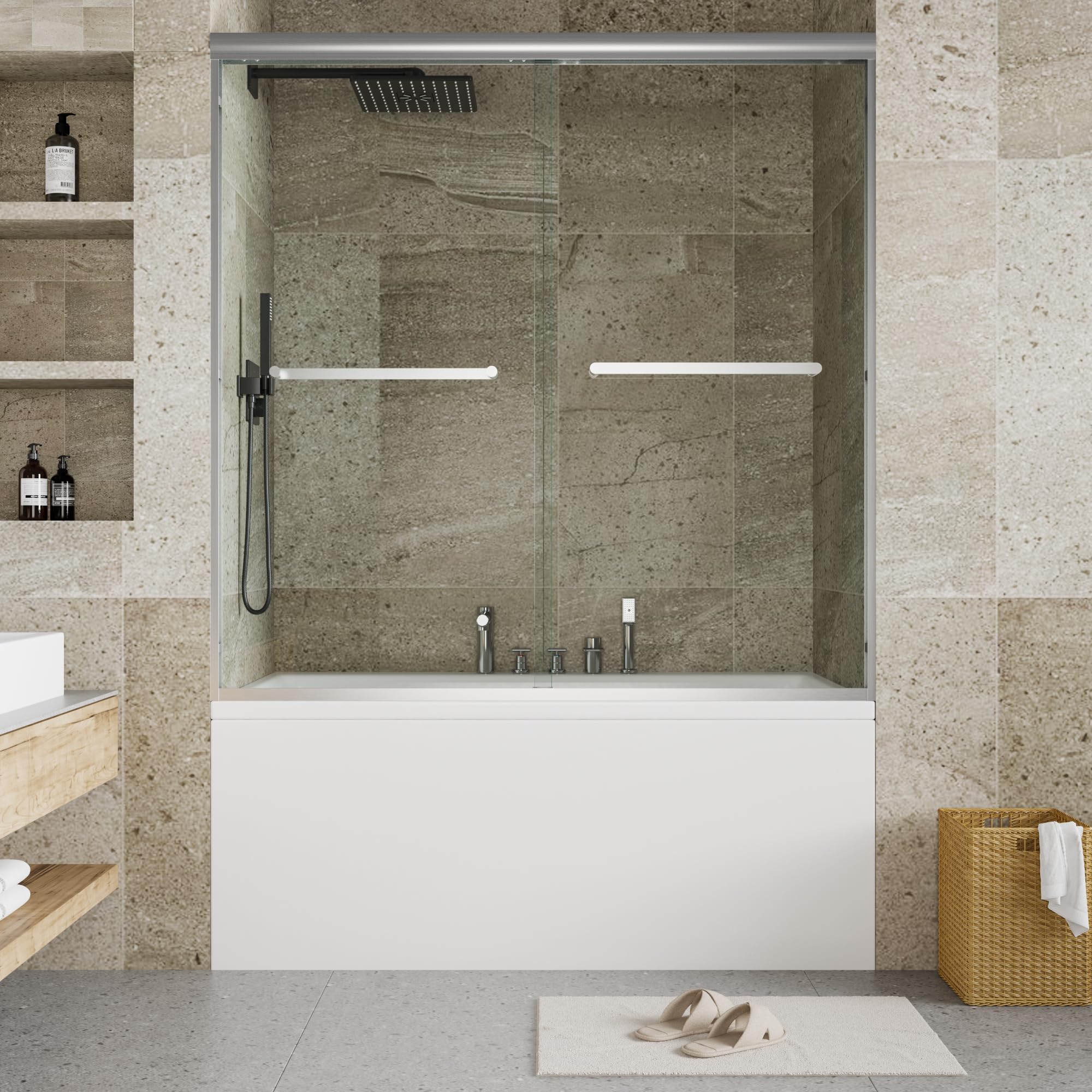 Double Sliding Shower Door, Semi-Frameless 56-60" Adjustable Width x 59" H, Aluminum Frame with 1/4" (6mm) Clear Tempered Safety Glass, Brushed Nickel Finish, Easy to Clean