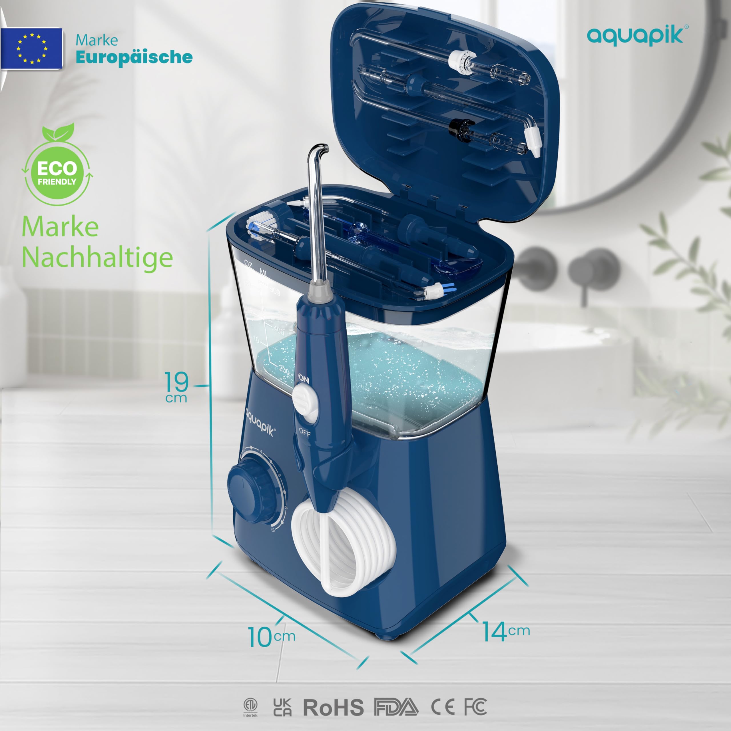 Aquapik® ADVANCED Munddusche | Ideal für Zahnspangen, Implantate und empfindliches Zahnfleisch | Aufhellungs-Kit entfernt Flecken | 10 Druckstufen | 10 Düsen | Von Zahnärzten empfohlen.