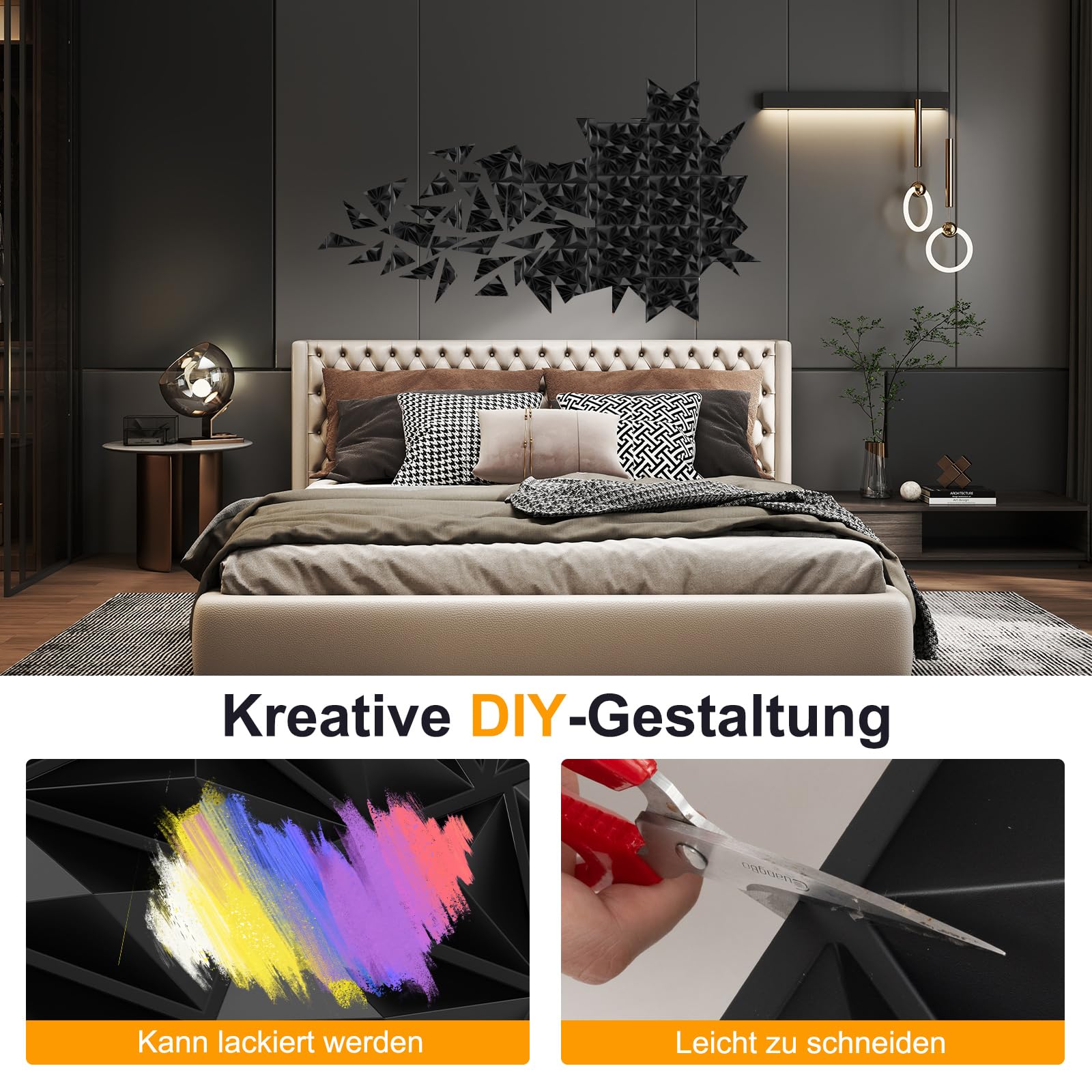 COSTWAY 40 sztuk paneli ściennych 3D, diamentowe, 50 x 50 cm, okładzina ścienna do wnętrz, płyty ścienne, panele sufitowe, PCW, 10 m², do salonu, sypialni (czarne)