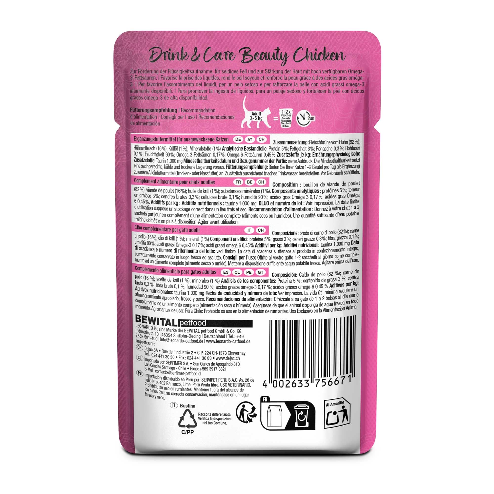 Leonardo Drink & Care Beauty Chicken | Doppelpack | 2 x 20 x 40 g | Ergänzungsfuttermittel für ausgewachsene Katzen | Zur Unterstützung der Flüssigkeitsaufnahme | Ideal als Futtertopping