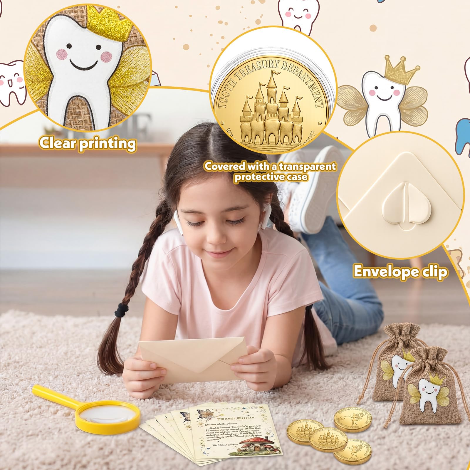 Kenning 25 Pcs Tooth Fairy Kit Gifts - Complete Lost Tooth Gift Set with Magical Letters, Gold Coin, Burlap Pouch, Envelope and Mini Magnifier, Keepsake for Lost Teeth