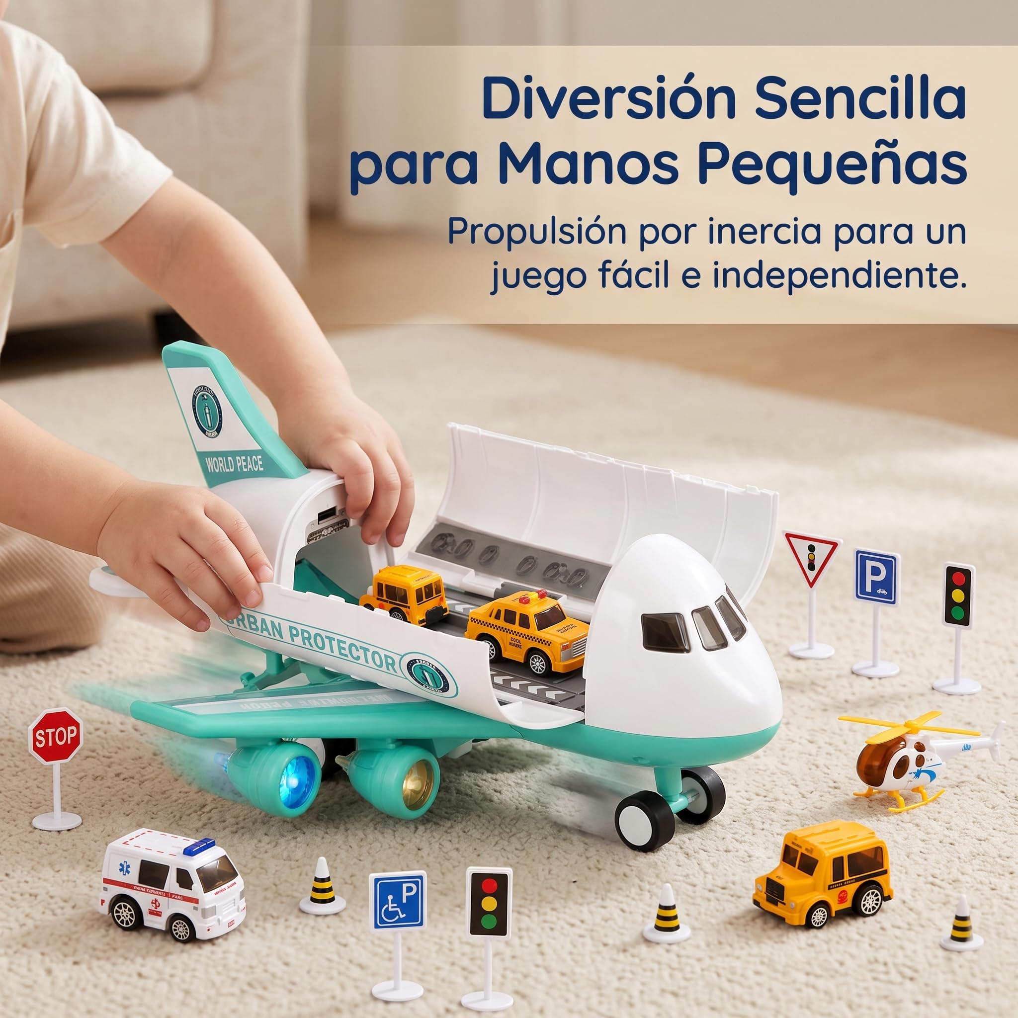 Aereo Giocattolo per Bambini con Veicoli in Lega e Luci e Suoni, Gioco a Inerzia Ricaricabile, gioco creativo