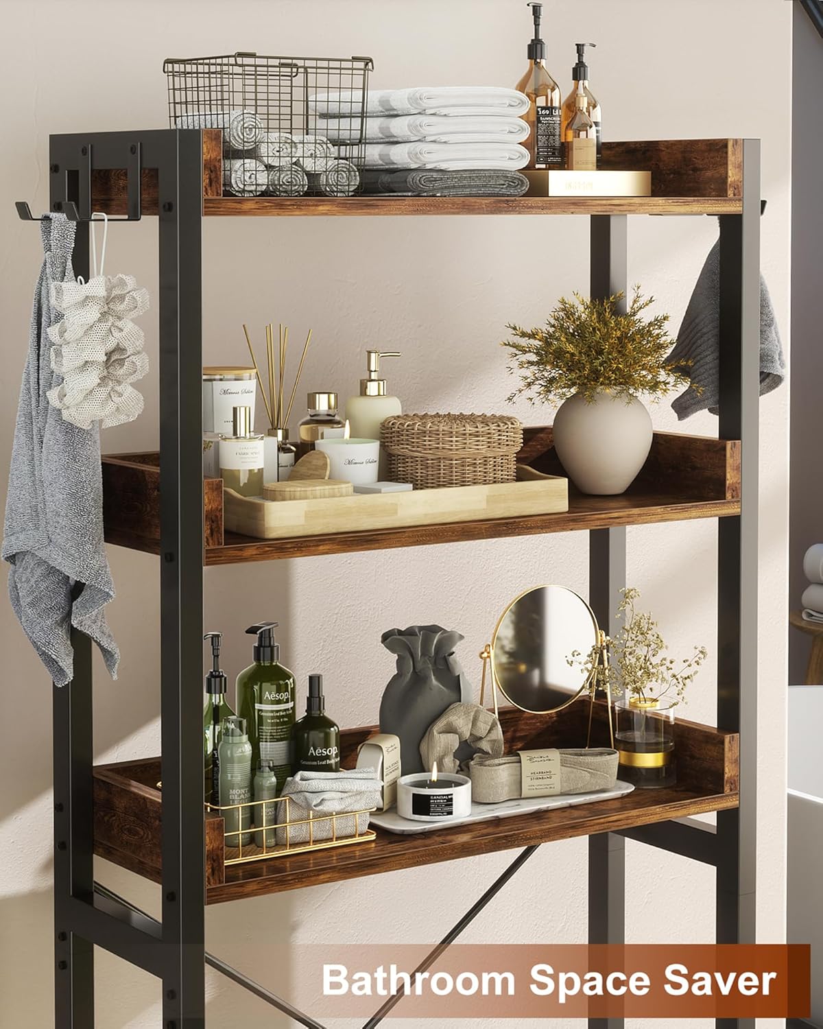 Ecoprsio Over-The-Toilet Storage Rack, 3-Tier Bathroom Organizer Shelf Over Toilet, Freestanding Space Saver Toilet Stands with 4 Hooks, Rustic Brown - Image 7