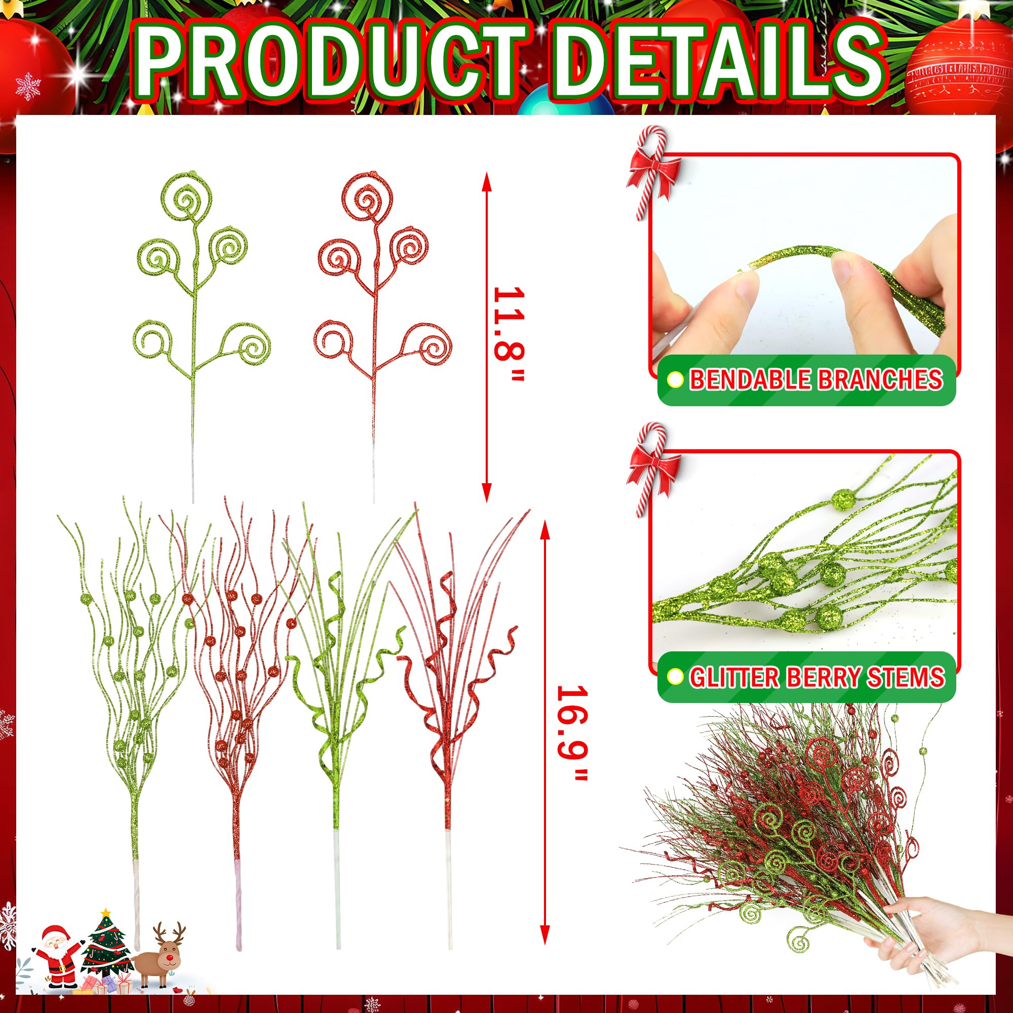 Tifeson Decoraciones de Navidad, color rojo y verde con purpurina artificial, tallos de bayas rizadas, rellenos de jarrones