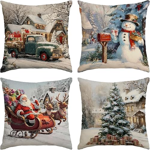 Miniatura 9 de Juego de 4 fundas de almohada de Navidad de 20 x 20 pulgadas, color rojo y verde, fundas decorativas de Navidad, árbol de Navidad, ciervos, Papá