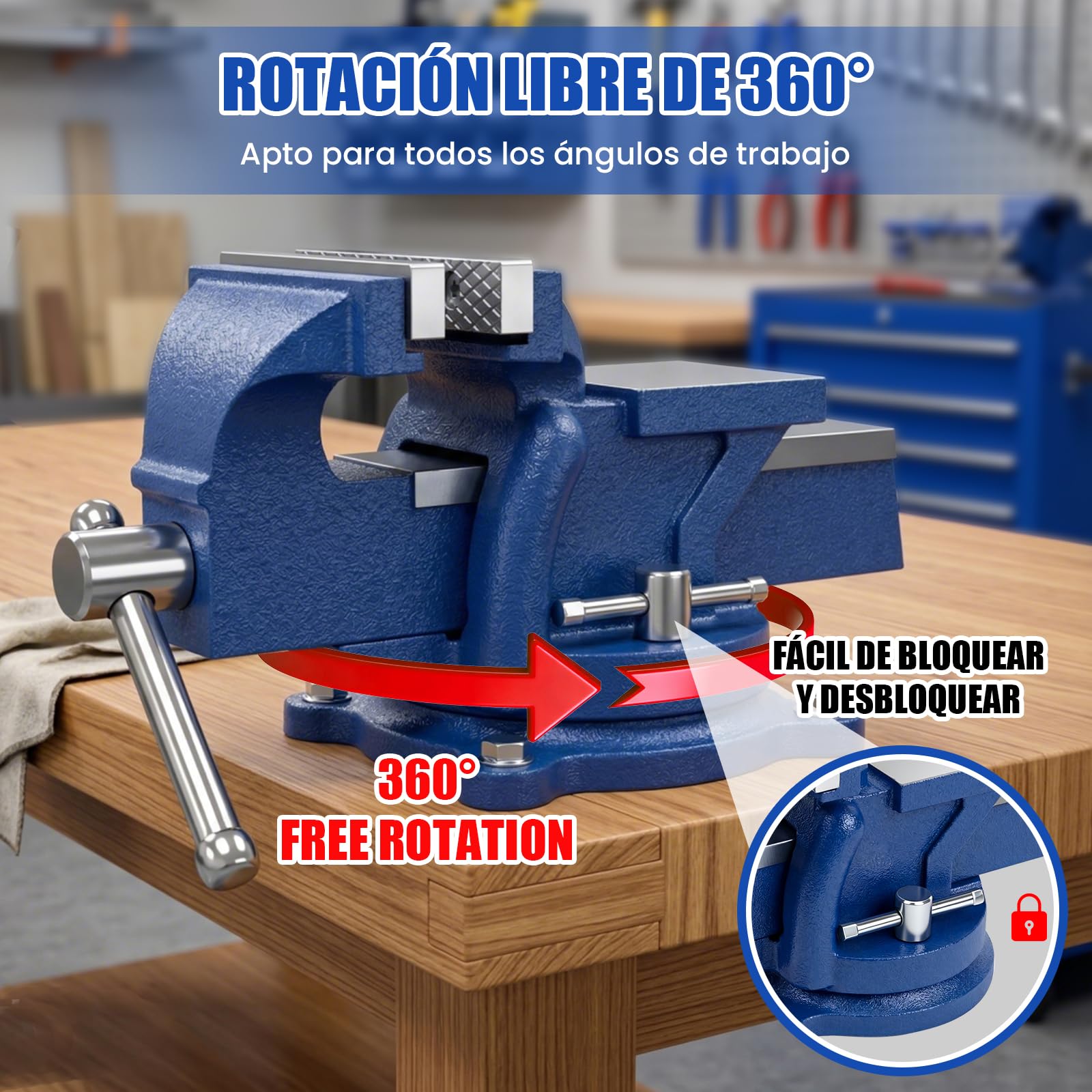 HYCHIKA Tornillo de Banco 100mm(4 pulgadas), 360 ° Se Puede Girar, Tornillo de Banco de Trabajo de Hierro Fundido, Apto para el Trabajo con Madera, el Mecanizado de Metales, el Pulido y el Taladrado
