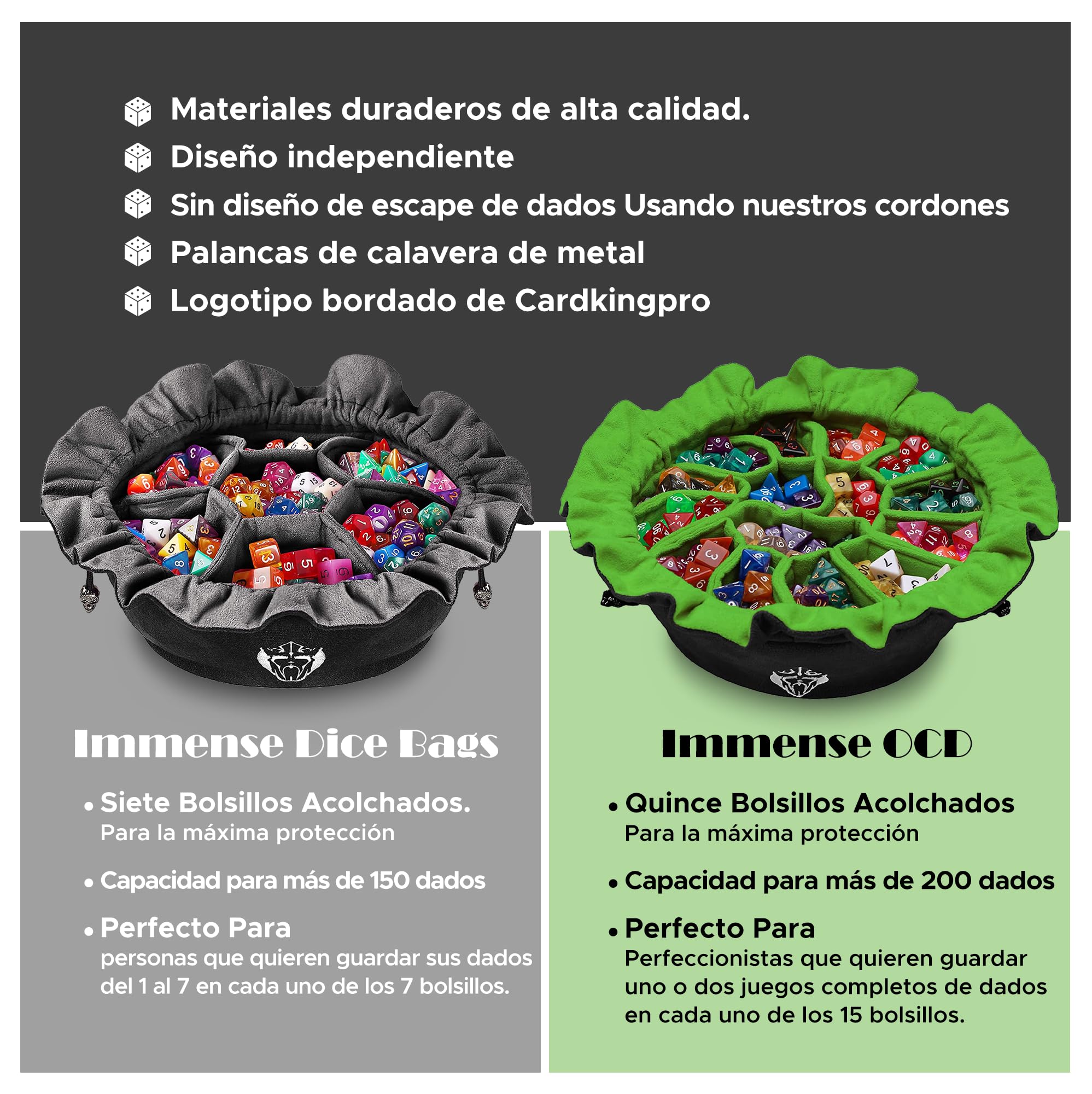 CardKingPro - Bolsas de Dados Inmensas con Bolsillos - Negro - Capacidad para 150+ Dados - Gran Organizador para Coleccionistas de Dados, Dungeons and Dragons [Diseño Patentado]