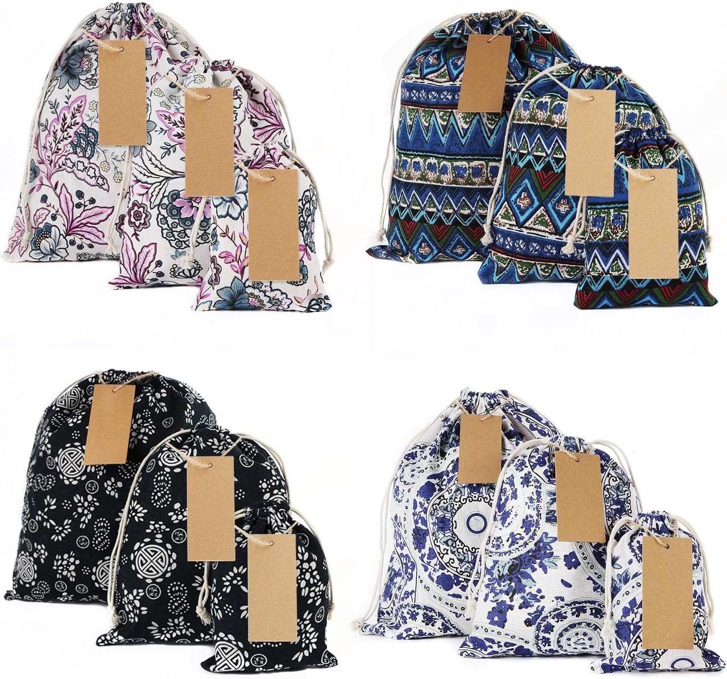 Corciosy Reusable Cloth Gift Bags with Drawstring,Mini Linen Canvas Bag Gift Pouches Drawstring,Tiny Fabric Gift Bag,Birthday Christmas DIY Craft S/M/L 12PCS