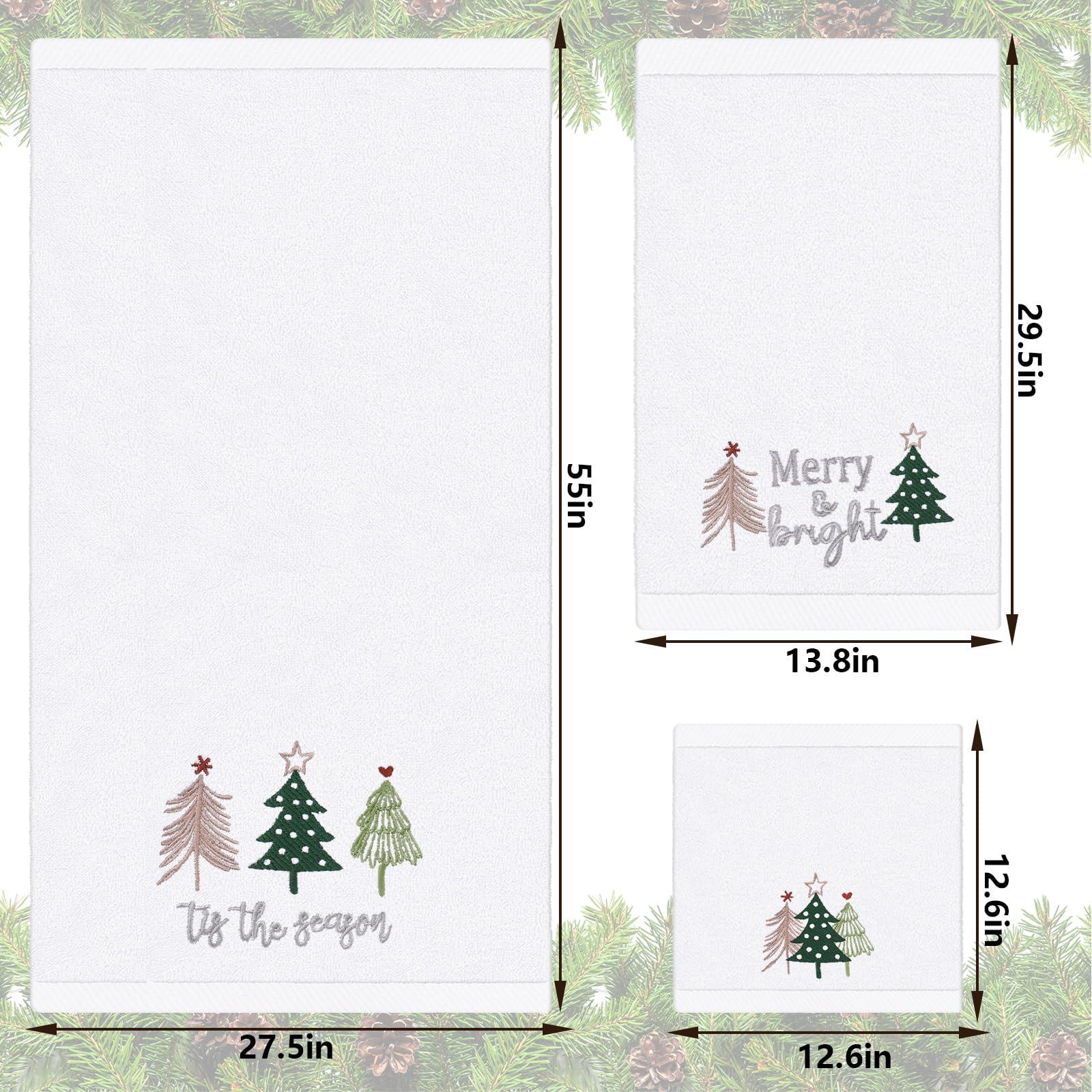JarThenaAMCS Christmas Boho Bathroom Towels Set of 3 Xmas Pine Tree Embroidered Cotton Towels Winter Hand Towels for Kitchen Dish Drying Cleaning