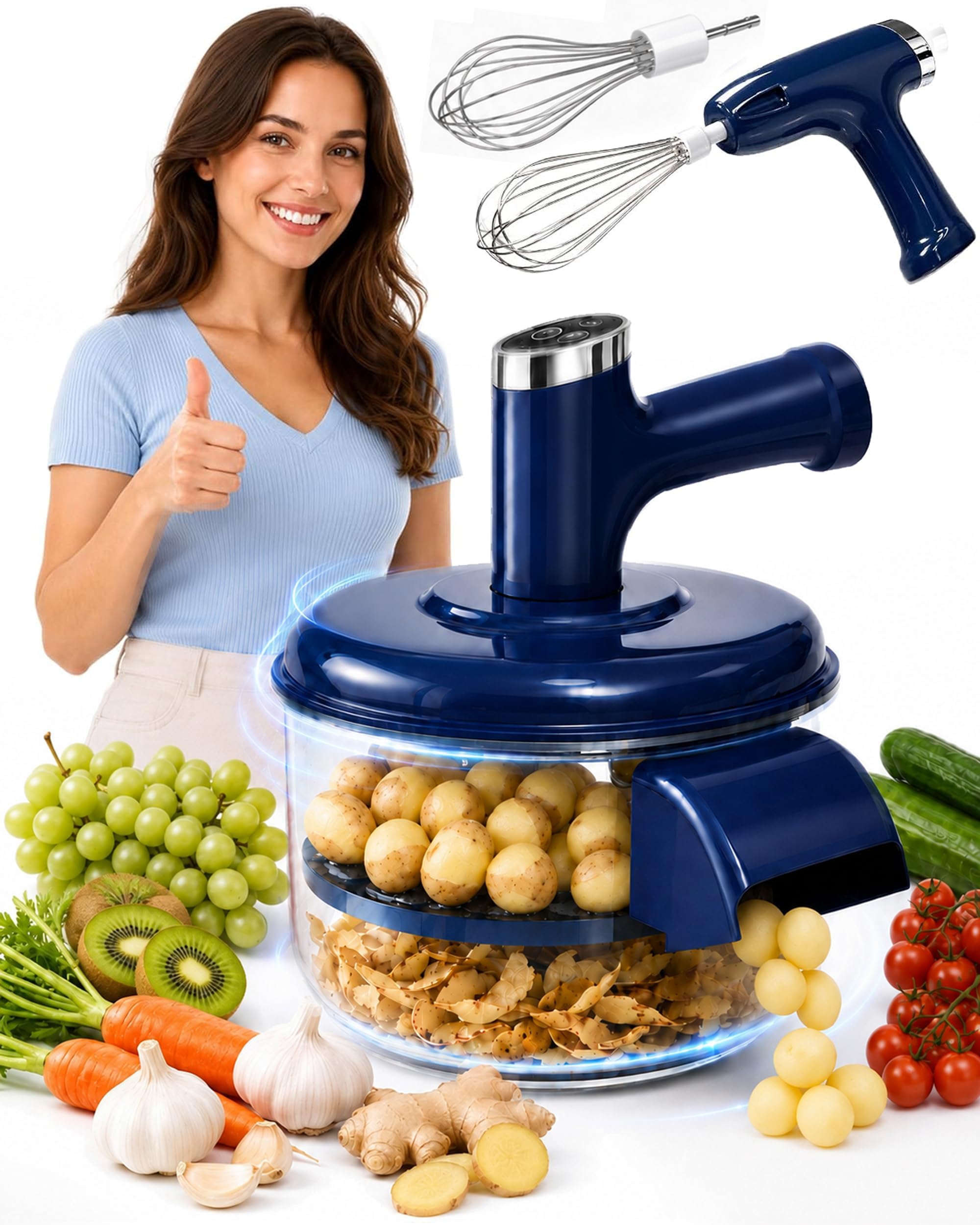Transparent Electric Fruit and Vegetable Peeler, One-Touch Peeling (Blue)