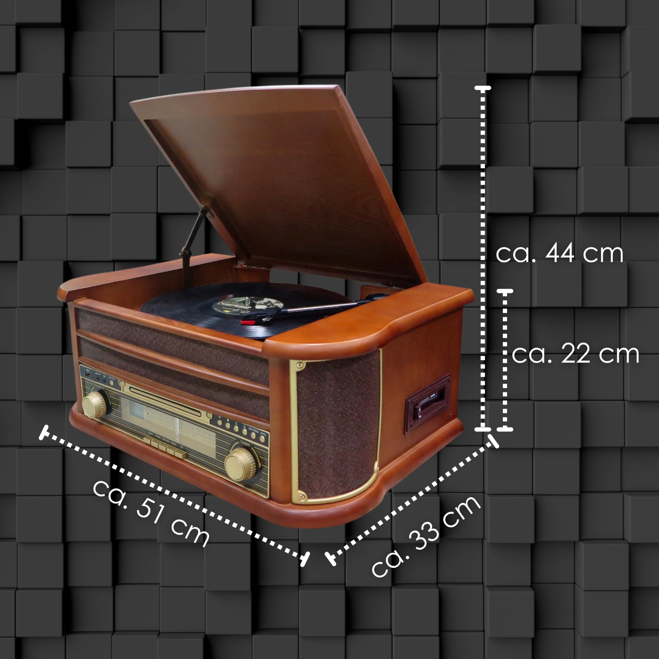 Nostalgiczny drewniany zestaw muzyczny | zestaw kompaktowy | Bluetooth | magnetofon kasetowy | retro zestaw stereo | odtwarzacz CD MP3 USB | pilot zdalnego sterowania | gramofon | radio | kodowanie MP3: Funkcja nagrywania AUX IN.