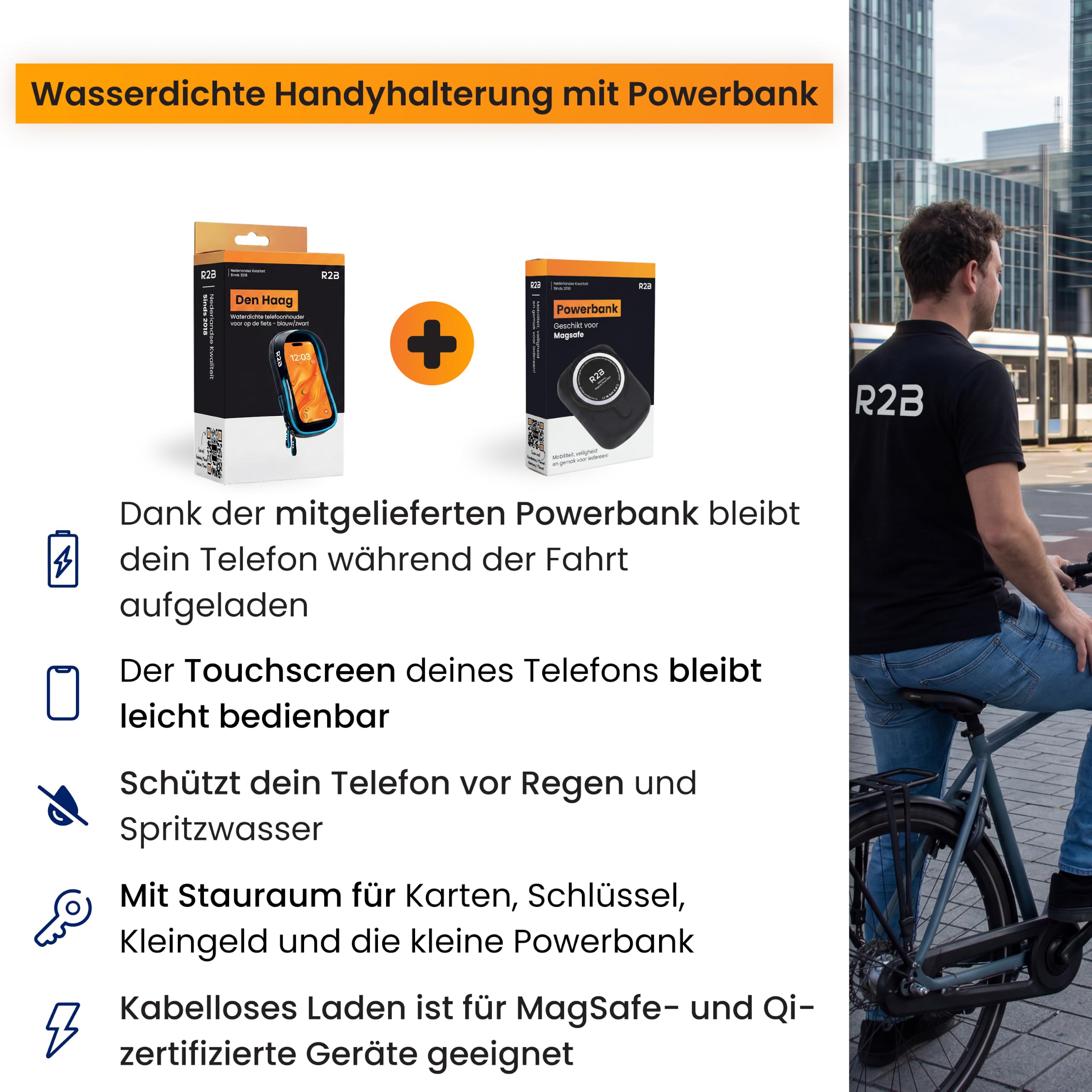 R2B Wasserdichte Handyhalterung Fahrrad mit Powerbank passend für Magsafe - Mit Zusätzlichem Staufach, Telefonhalter für Mountainbikes, Motorrad und Kinderwagen, 360-Grad-Rotationsfunktion, Einfache