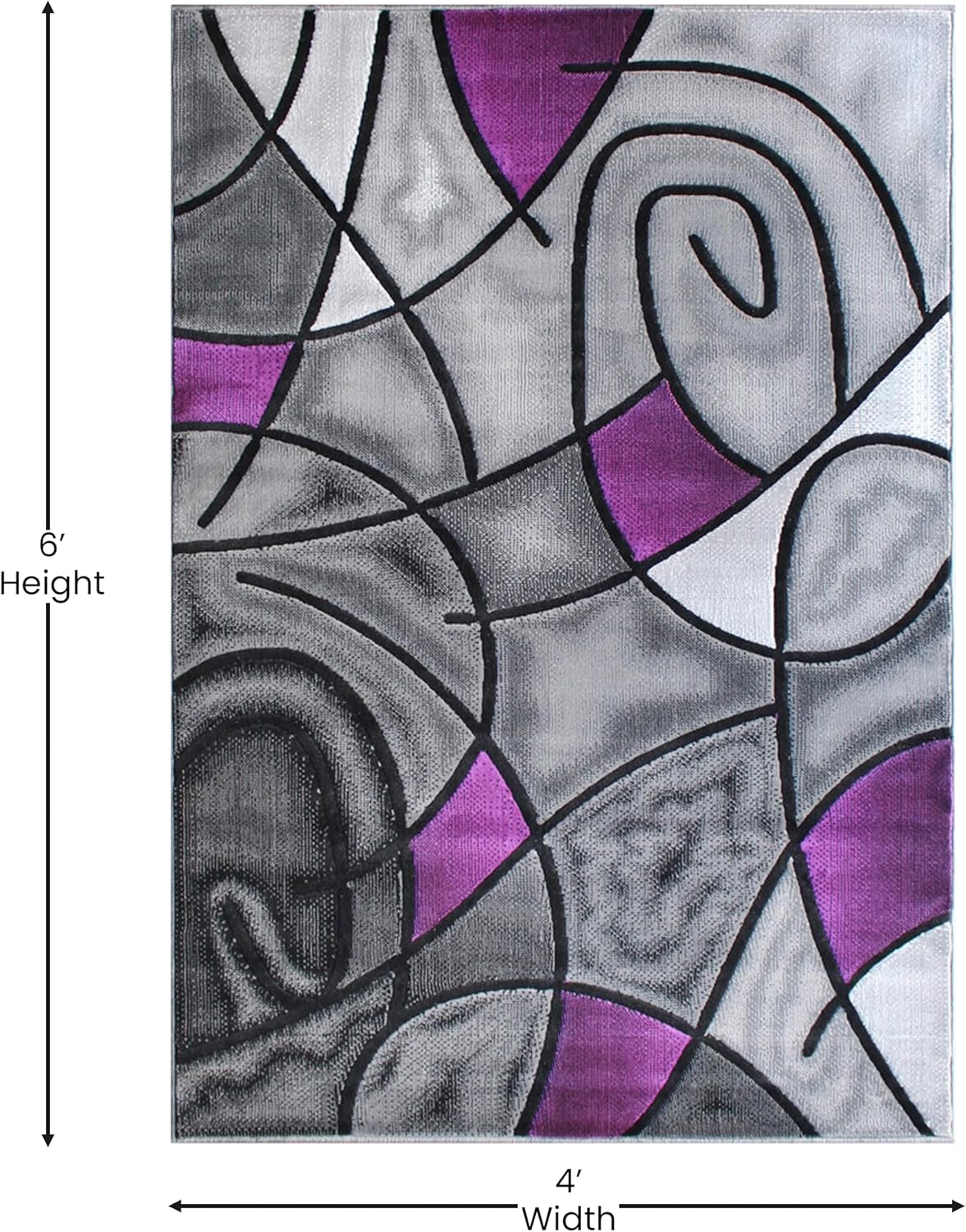 EMMA + OLIVER Urbane Plush Olefin Accent Rug - Abstract Geometric Pattern - Gradient Gray Shades with Vibrant Purple Accents - 4x6 - Moisture & Stain Resistant