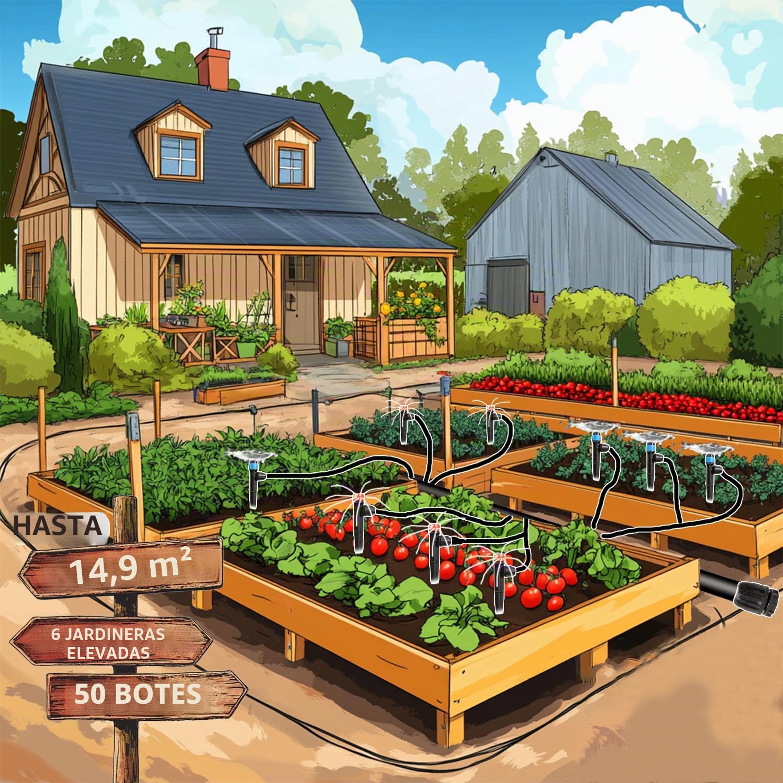 Sistema de riego por goteo de 233 pies para kit de jardín con tubería de 1/2 pulgada y 1/4 de pulgada, equipo de riego automático, accesorios con cierre, microgoteo, aspersor de abanico de 360 grados