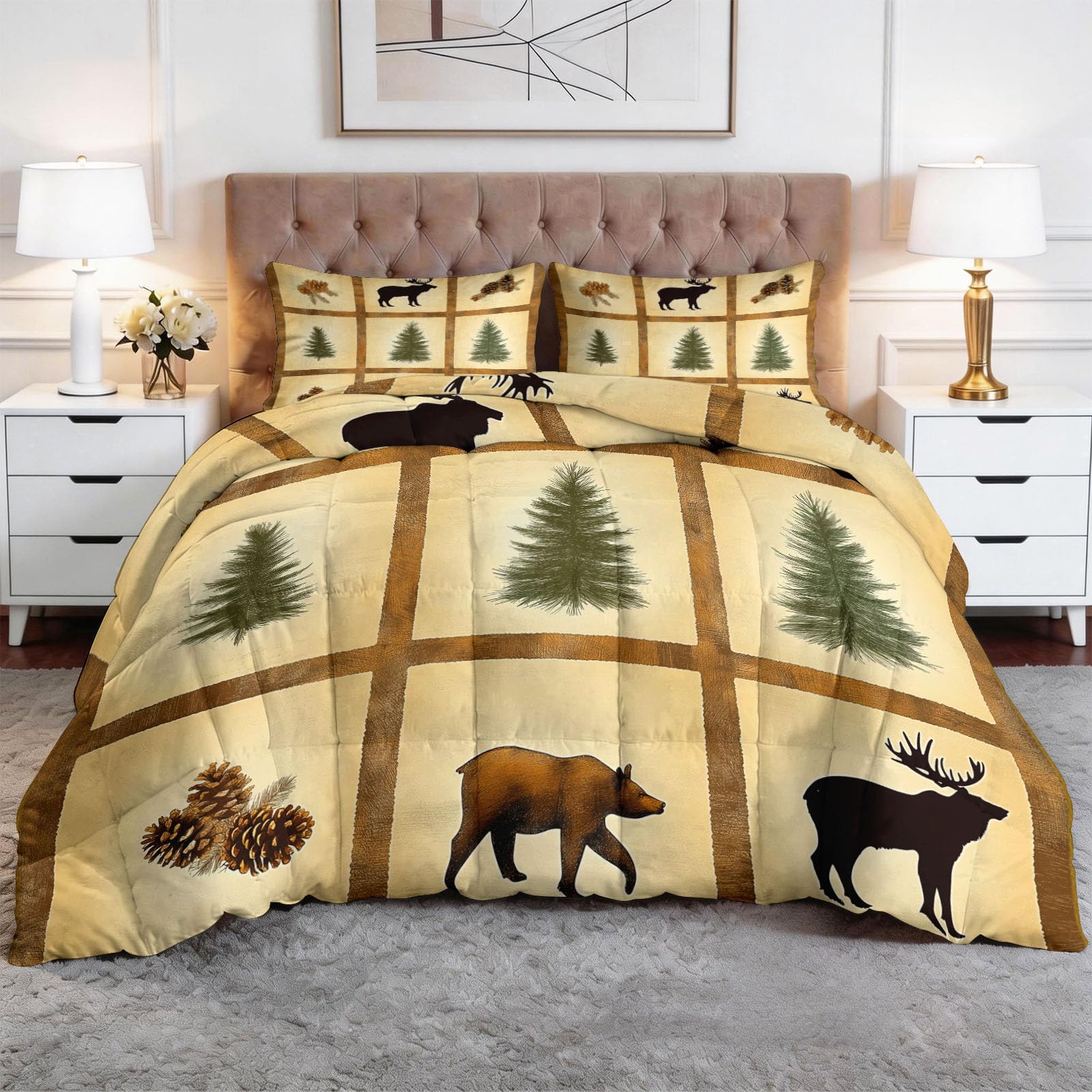 Forest Baldosas Pino Alce Suave Edredón Edredón 140 x 200 cm, Estilo Vintage Ligero Edredón para Cama - Lavable a máquina Caliente Manta 4 Estaciones Edredón para Niños Niñas Niños Adolescentes