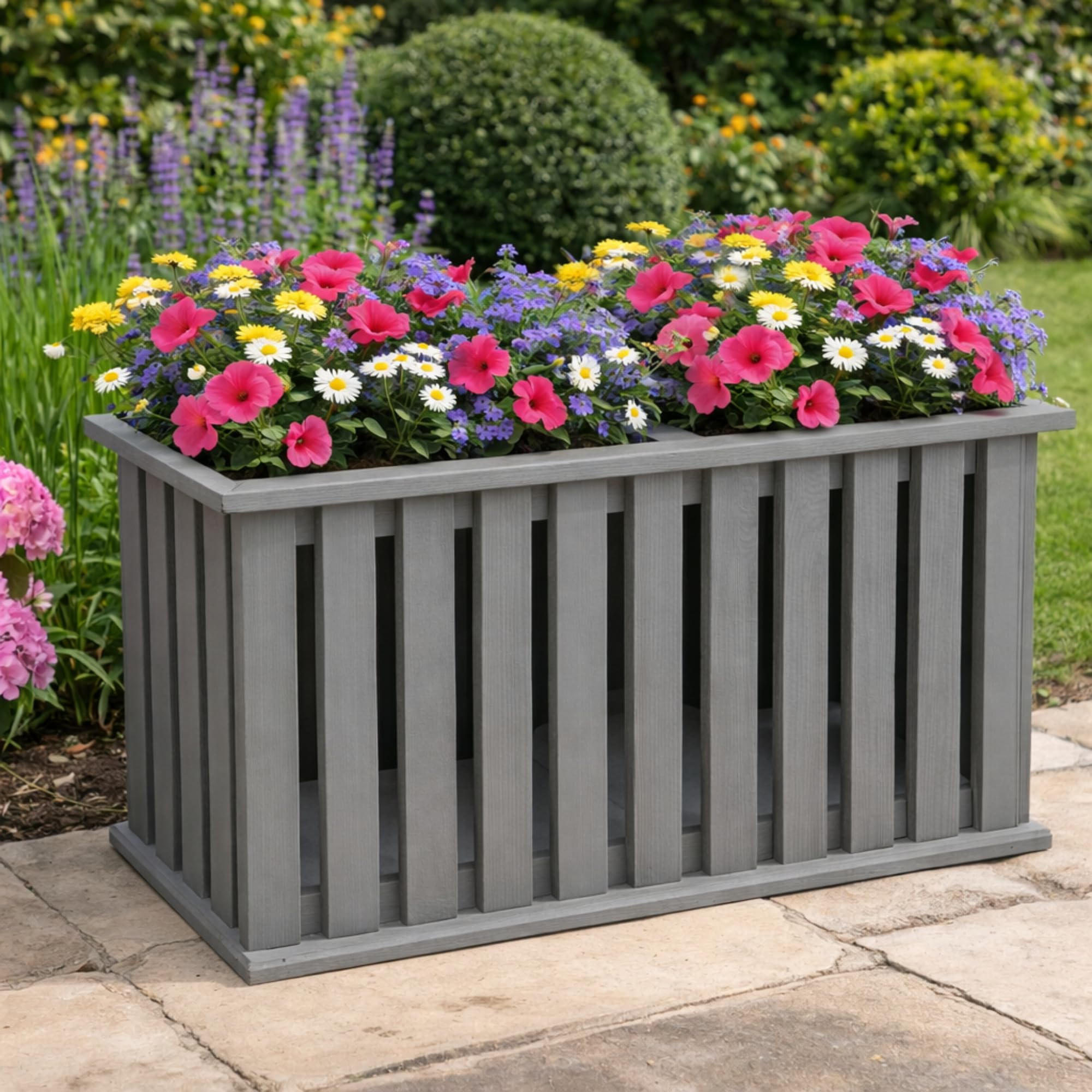 Callow Retail Grey Double Garden Planter In Wooden Garden Planter, Slatted Planter, Includes Liner, 33X62x45cm