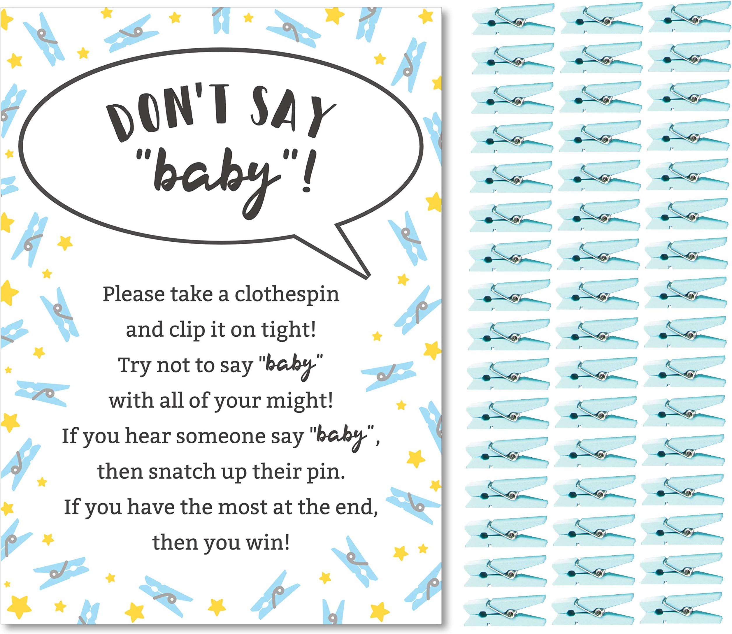 Don’t Say Baby Game for Boys Baby Shower Clothespin Game Includes One 5x7 Sign and 48 Mini Blue Clothespins
