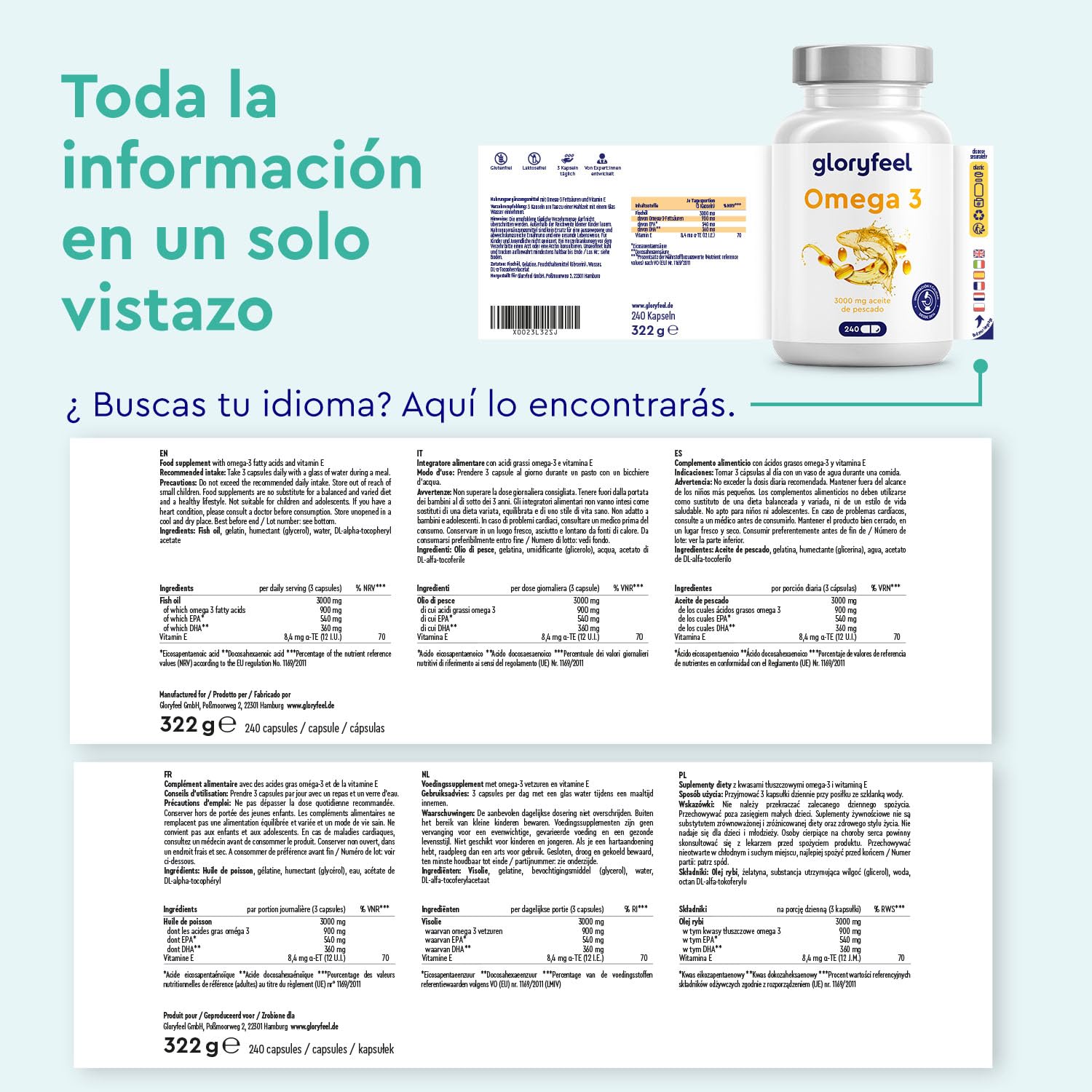 Omega 3 Cápsulas Alta Dosis - 3000mg de aceite de pescado (en forma de triglicéridos) - 240 cápsulas con vitamina E (antioxidante) Suplementación ideal de EPA & DHA - Aceite de pescado Omega3