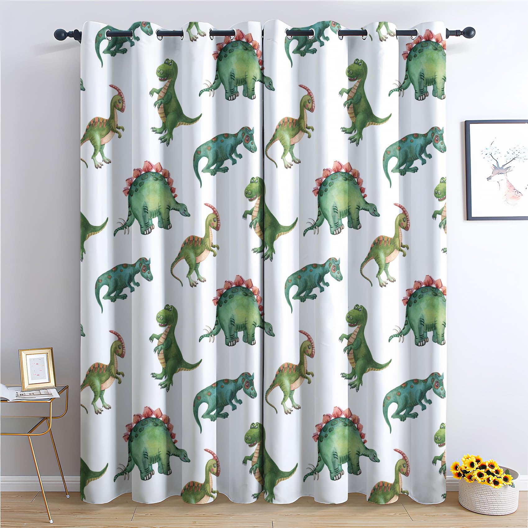 Dinosaurier Kinder Vorhänge, Verdunklungsvorhänge mit Muster Dschungel Tiere, Vorhang Blickdicht mit Ösen, Gardinen für Wohnzimmer Schlafzimmer Deko 2er Set - 200x140 (H X B)
