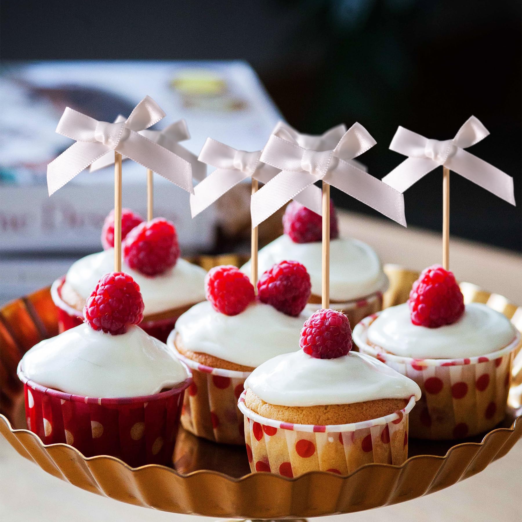 White Bow Cupcake Toppers 20 Pcs Satin Bowknot Cake Topper for Happy Birthday Wedding Party Cake Decorations