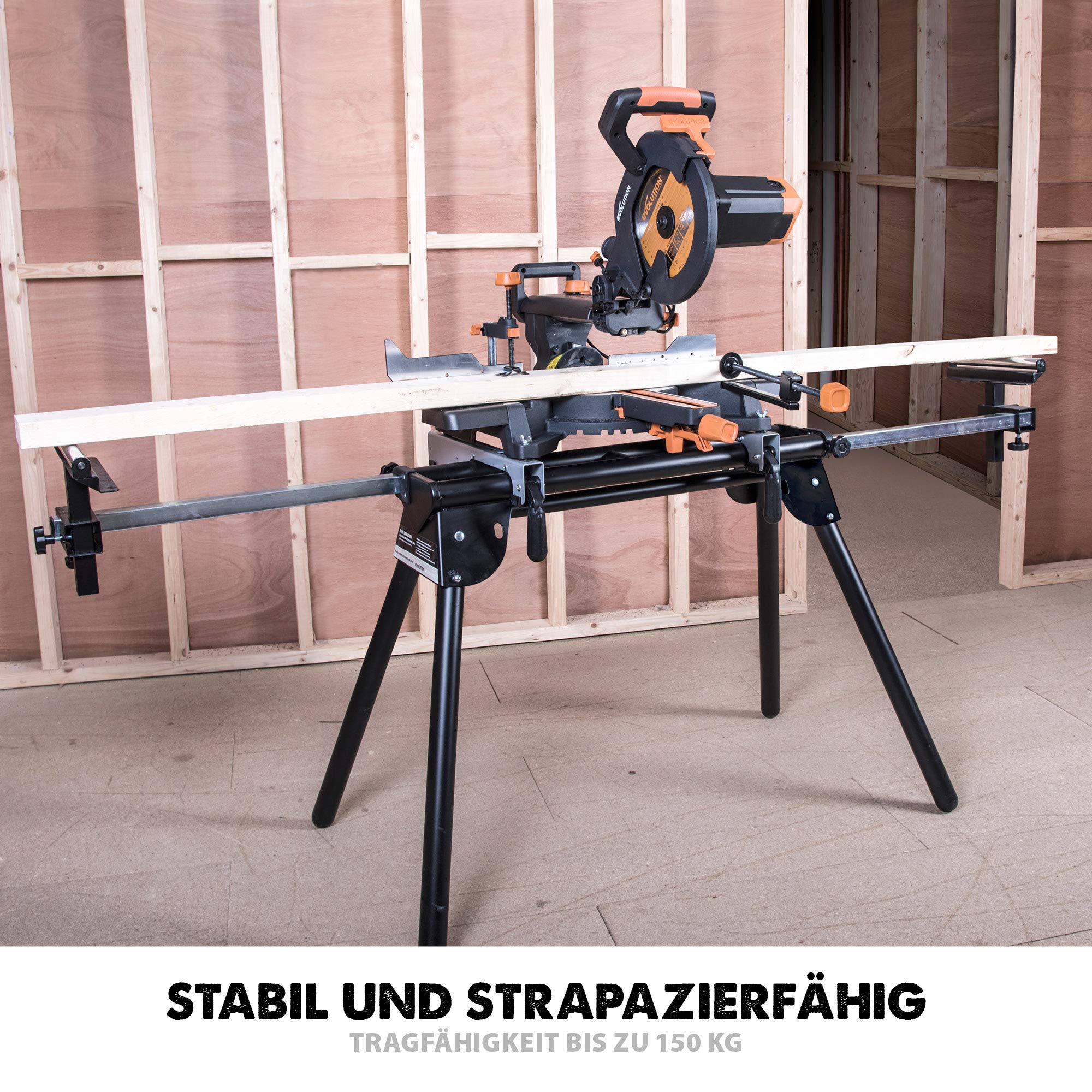 Evolution Arbeitstisch Untergestell für Gehrungssägen Elektrowerkzeuge - Universell passend für Evolution, Einhell, Metabo, Makita, DeWalt, Bosch - Kompakter klappbarer Ständer mit ausziehbaren Armen