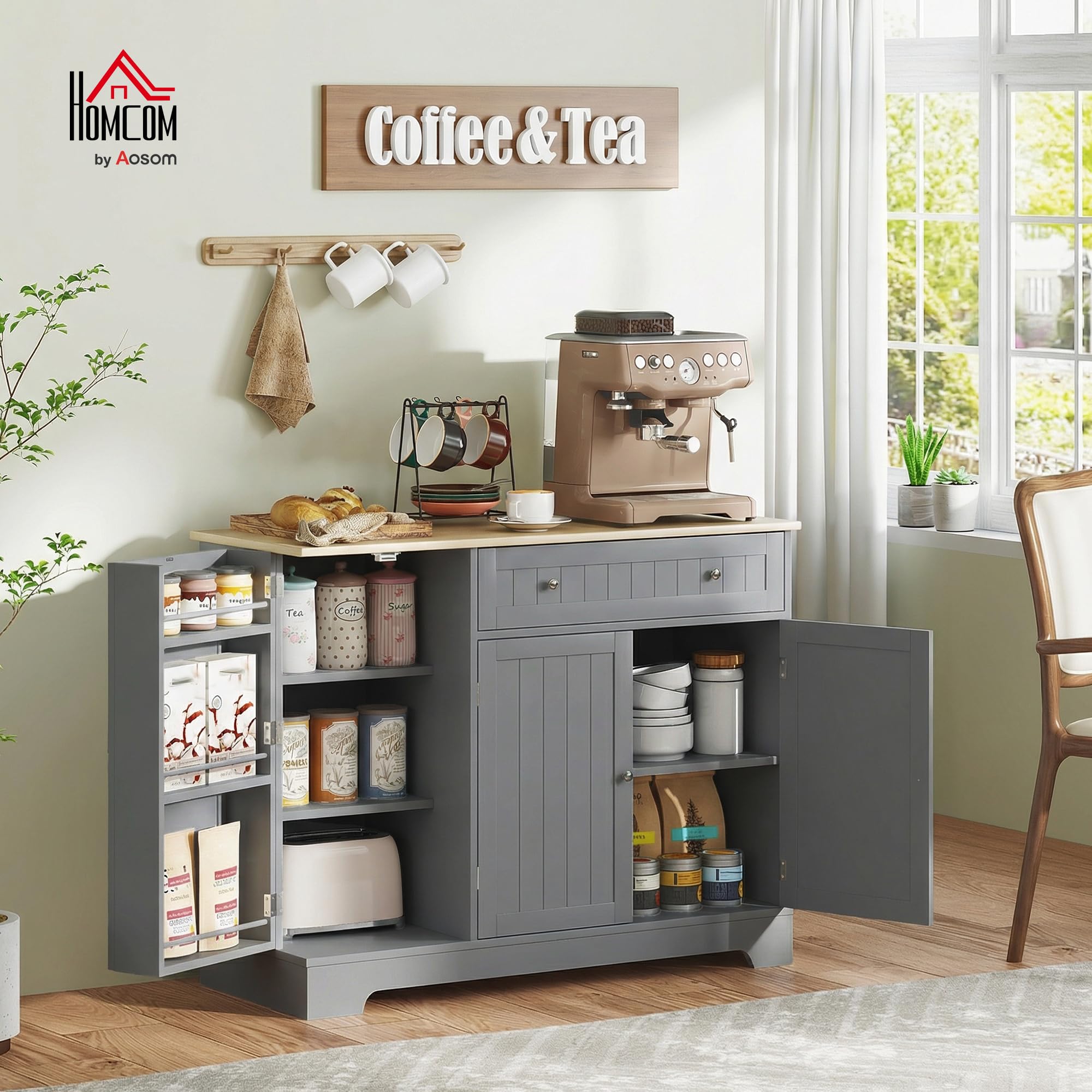 HOMCOM Aparador de Cocina, Armario de Cocina con 3 Estantes de Puerta, 1 Cajón, Estantes Ajustables, Aparador para Comedor, 105x40x83 cm, Gris
