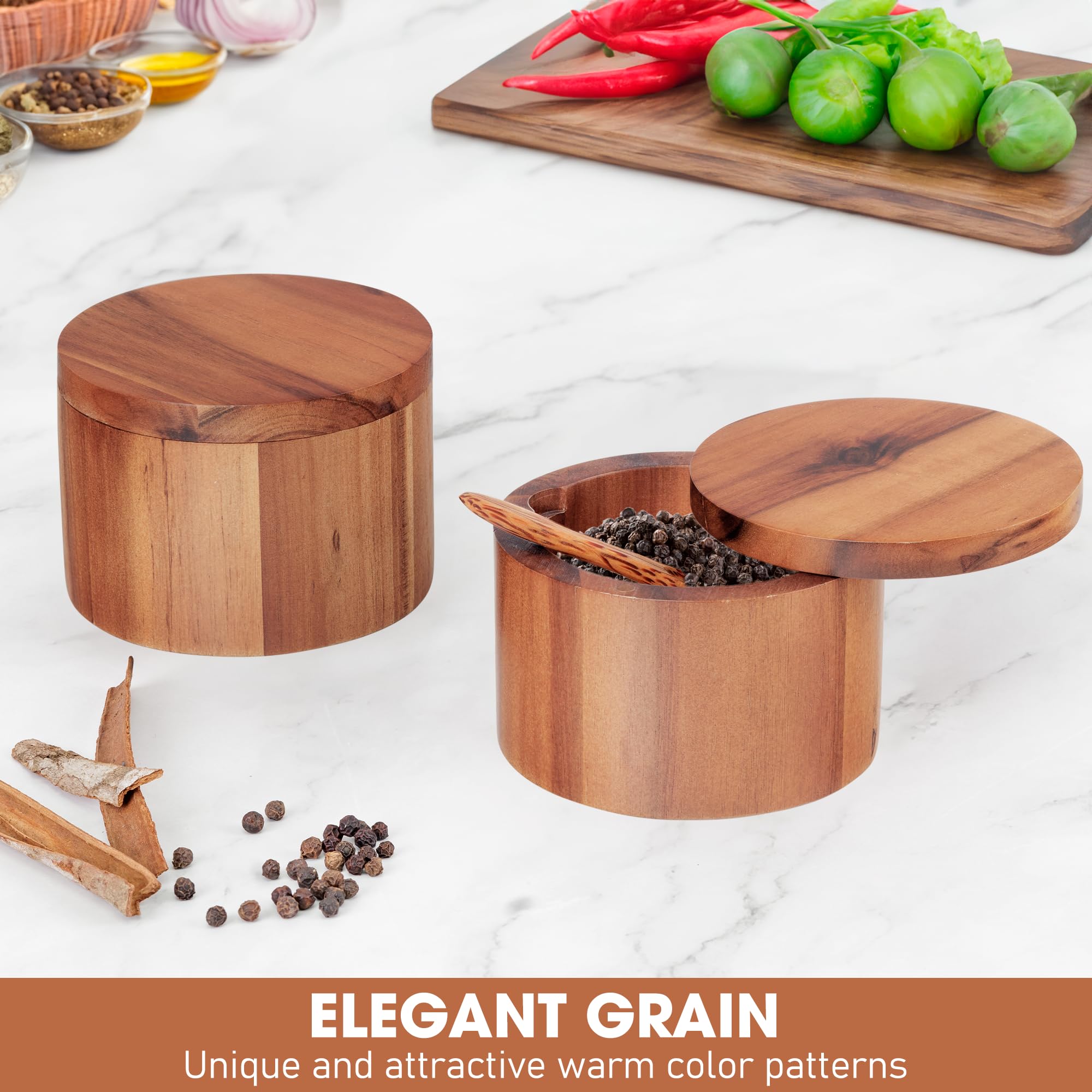 Bodega de sal de 9 onzas con cuchara y tapa giratoria, caja de sal y especias de madera de acacia, tarro de madera para cocina, perfecto para almacenar sal de mesa, sales gourmet, hierbas o tus