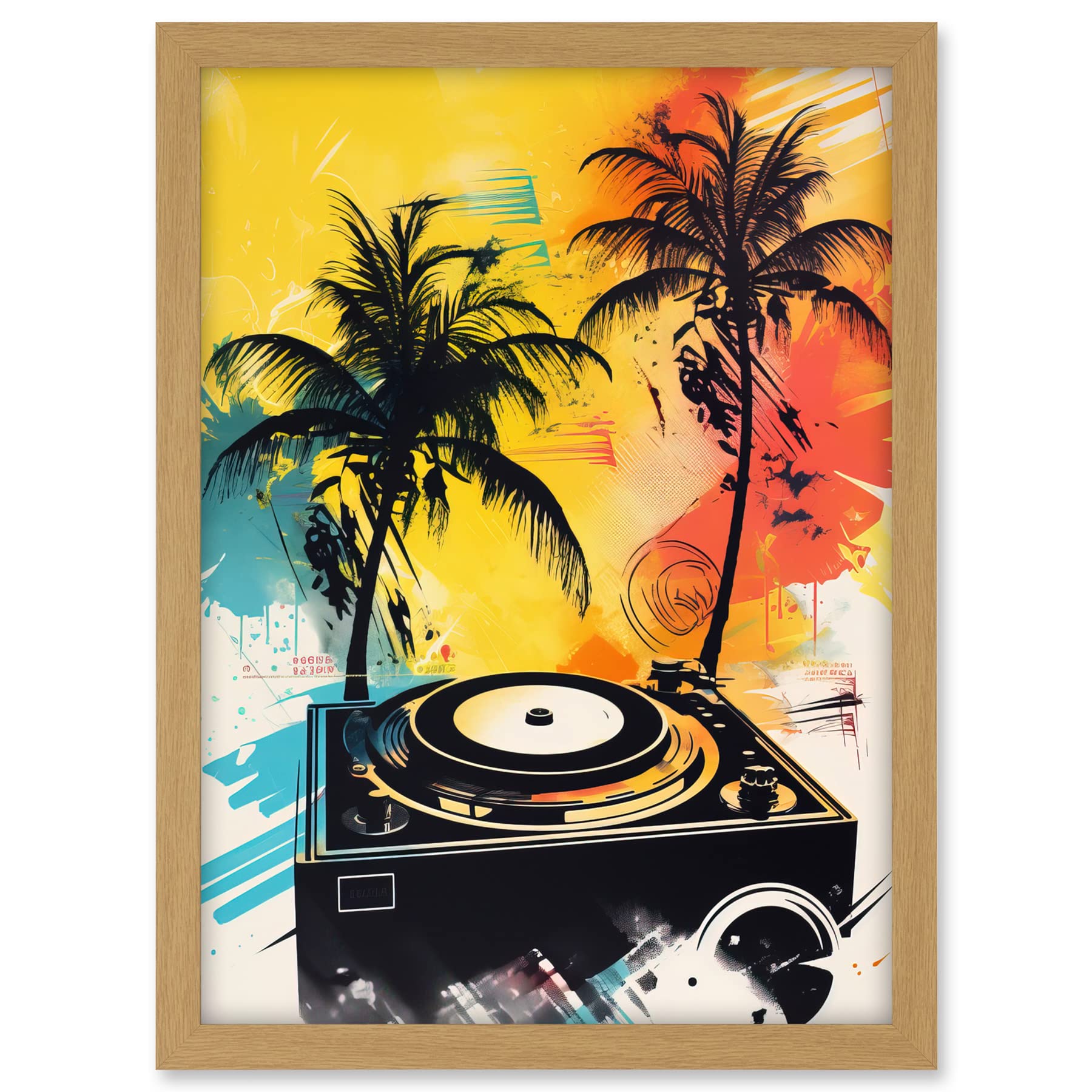 Artery8 Music Under Palm Trees Tropical Beach Party Modern Watercolour Painting Artwork Framed A3 Wall Art Print