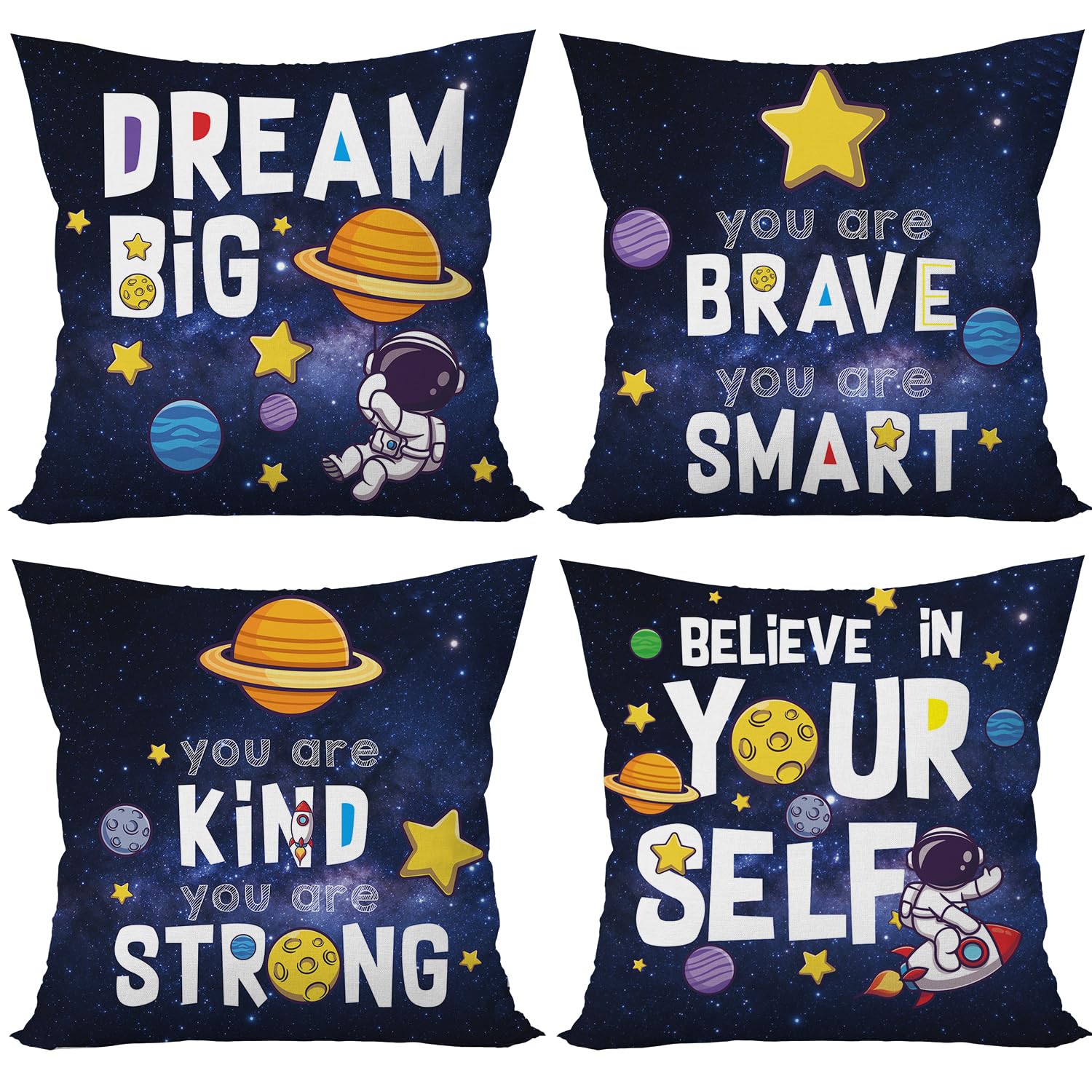 Yuzi-n Outer Space Pillow Covers Planet Astronaut Space Pillow Cases Decor for Nursery Kids Bedroom Playroom Classroom, 18 x 18 Inch Set of 4,Navy Blue-Space Dream Big