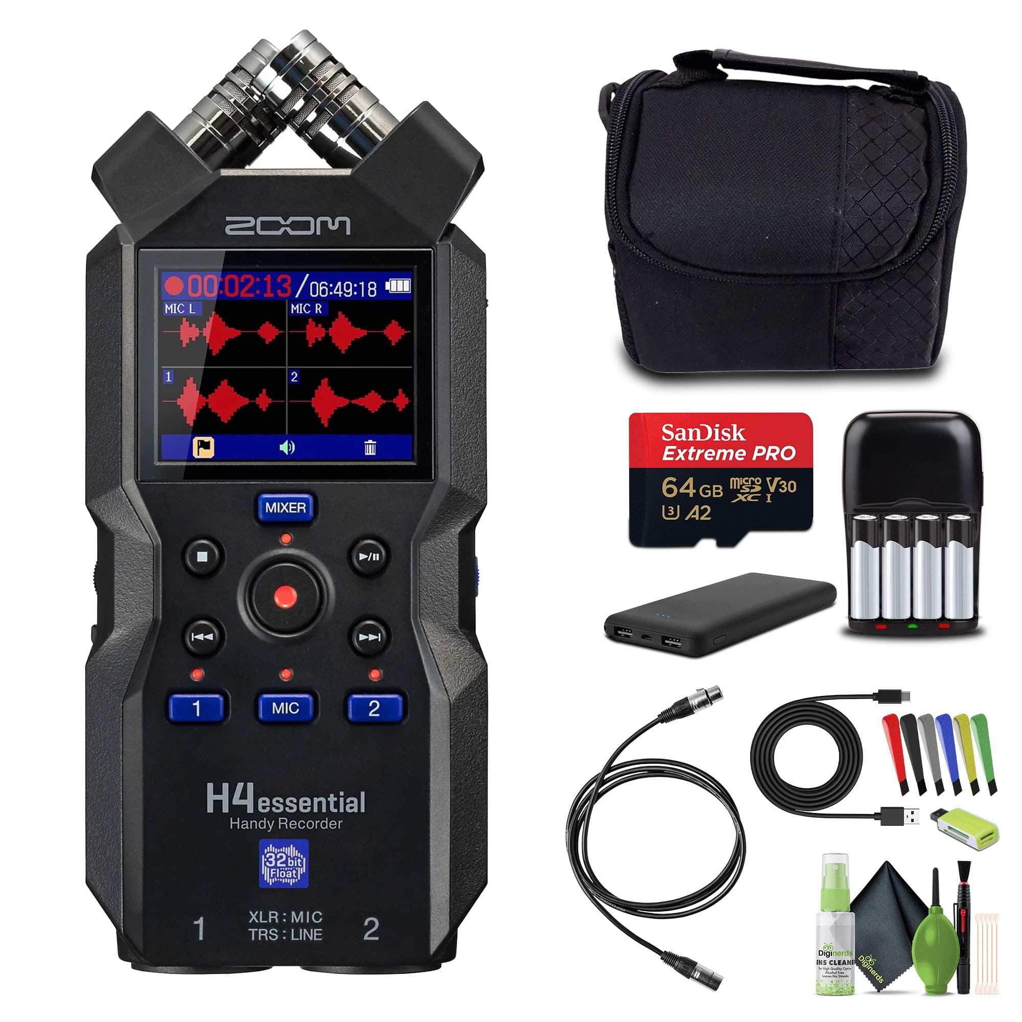 Zoom H4essential - Registratore audio portatile a 4 tracce a 32 bit, con opzione di accessibilità, microfoni stereo, 2 ingressi XLR/TRS Combo, interfaccia USB, per musicisti, podcaster Bundle con