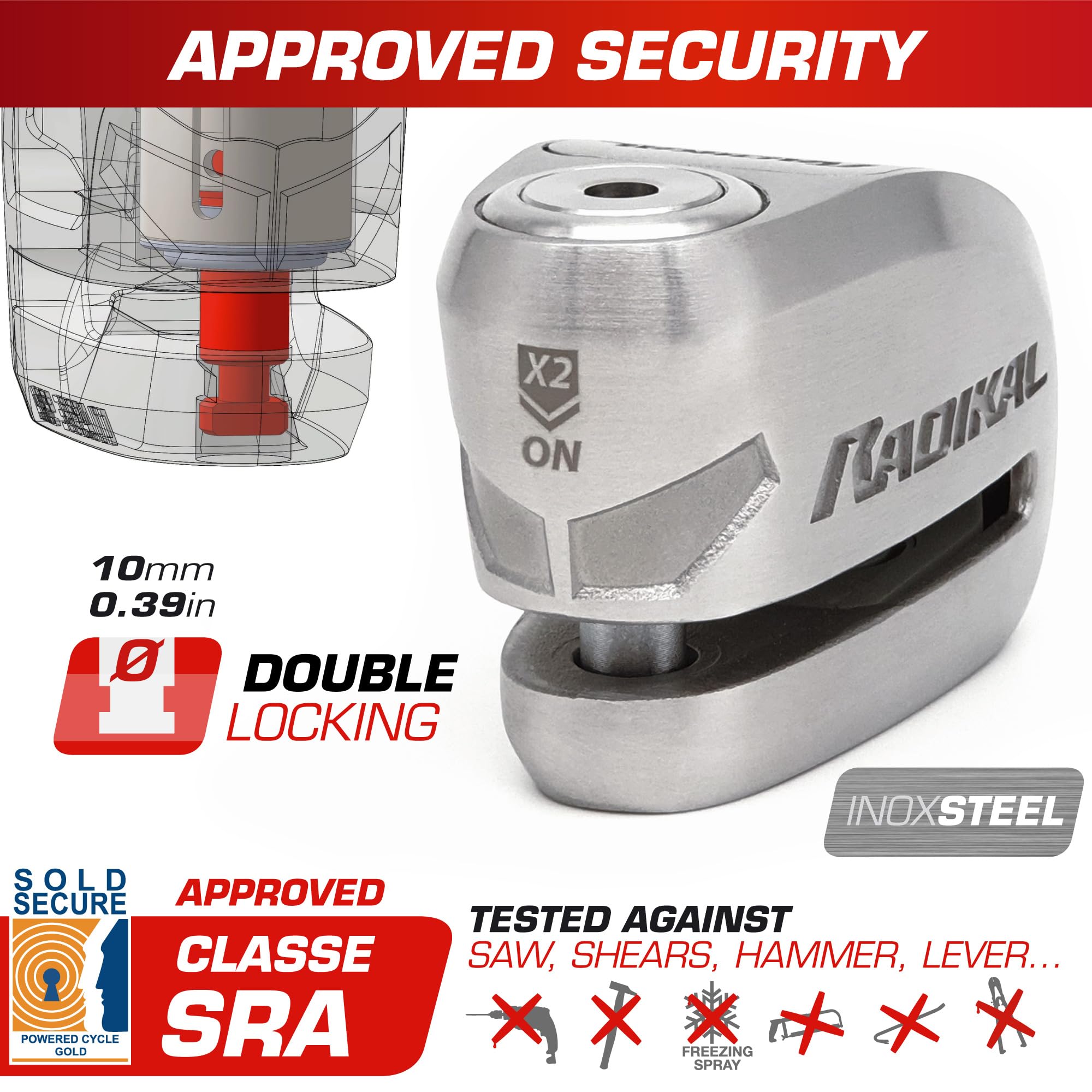 RADIKAL RK910S Candado Moto Disco Alarma X2-ON, Homologado Sra, Cerradura Alta Seguridad Antitaladro y Antiganzúa, Doble Cierre 10mm, Pila Larga Duración, Acero Inoxidable, Pinza Antirrobo Scooter