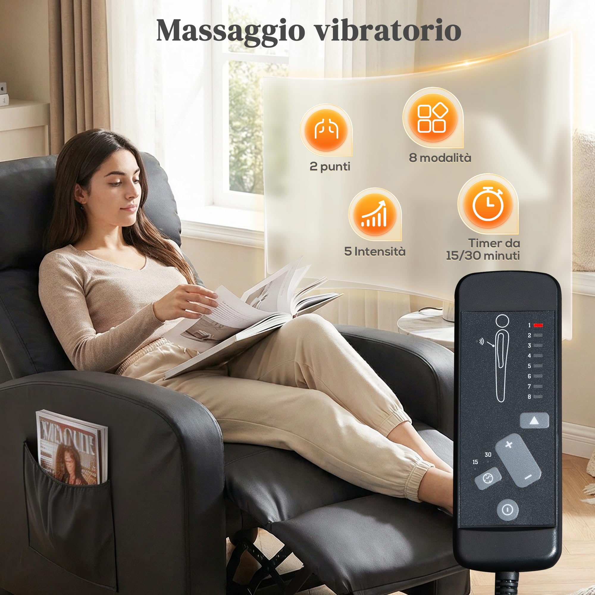 HOMCOM Massagesessel mit Liegefunktion, Relaxsessel mit Massagefunktion, Fernsehsessel mit Fernbedienung, Massagesofa mit Rückenlehne, elektrisch, Schwarz