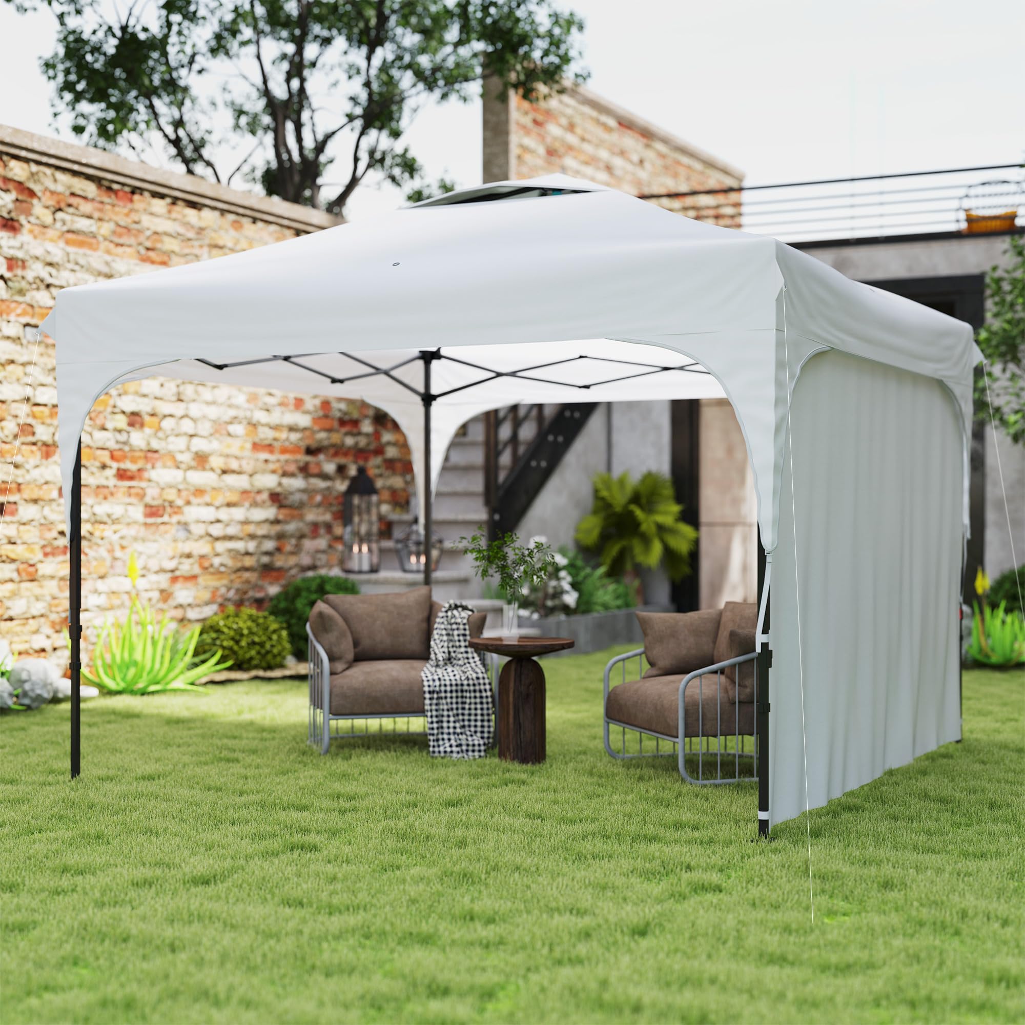 Outsunny Carpa Plegable 3x3 m Cenador de Jardín con Altura Ajustable 1 Pared Lateral Impermeable 4 Bolsas de Arena y Bolsa de Transporte Gazebo para Exterior Patio Fiestas Blanco