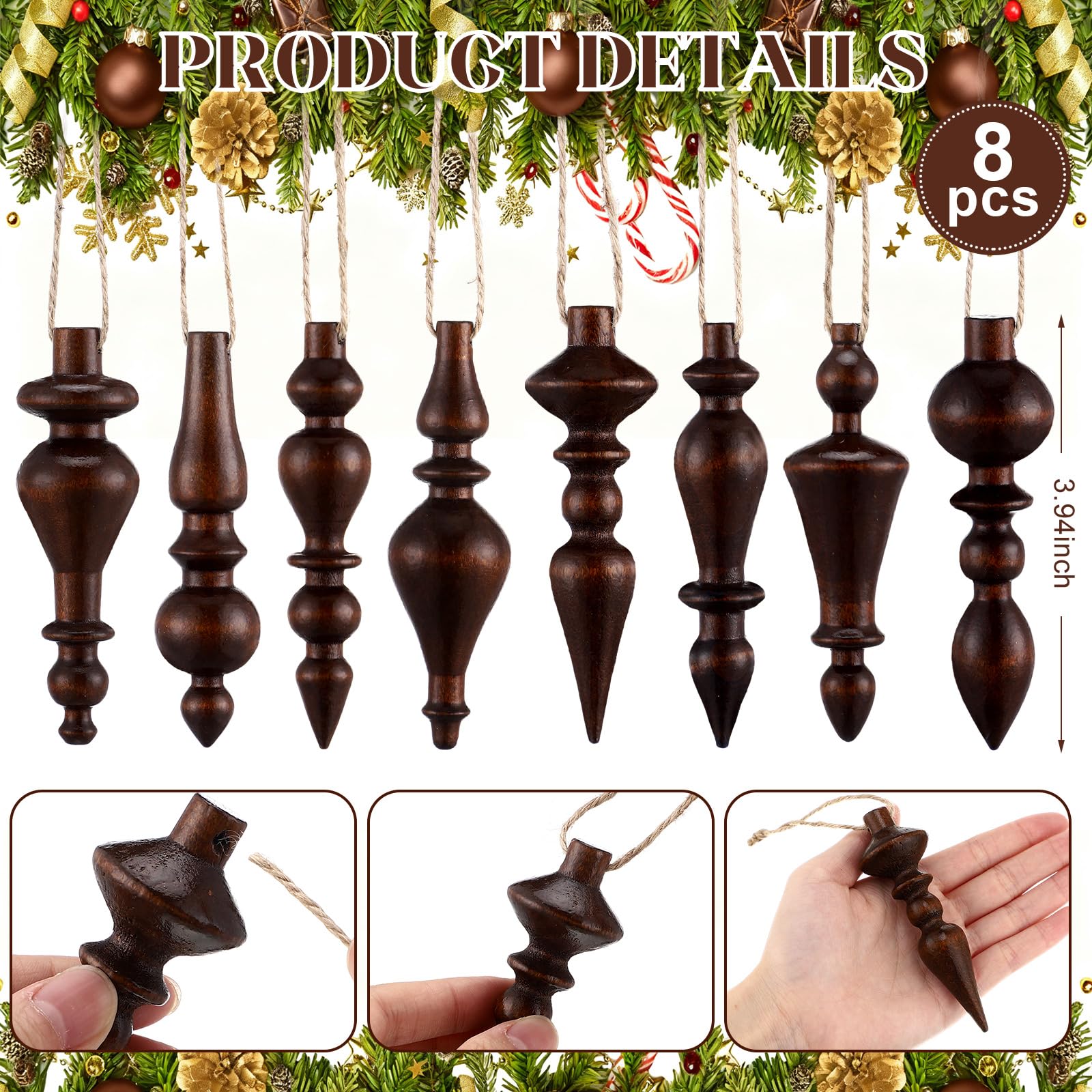 Namalu Weihnachtskugel-Ornamente, 10,2 cm, aus Holz, schlicht, elegant, bruchsicher, für Weihnachtsbäume, hängende Ornamente, Kränze, Girlande, Kaminregal, Dekoration, Braun, 8 Stück