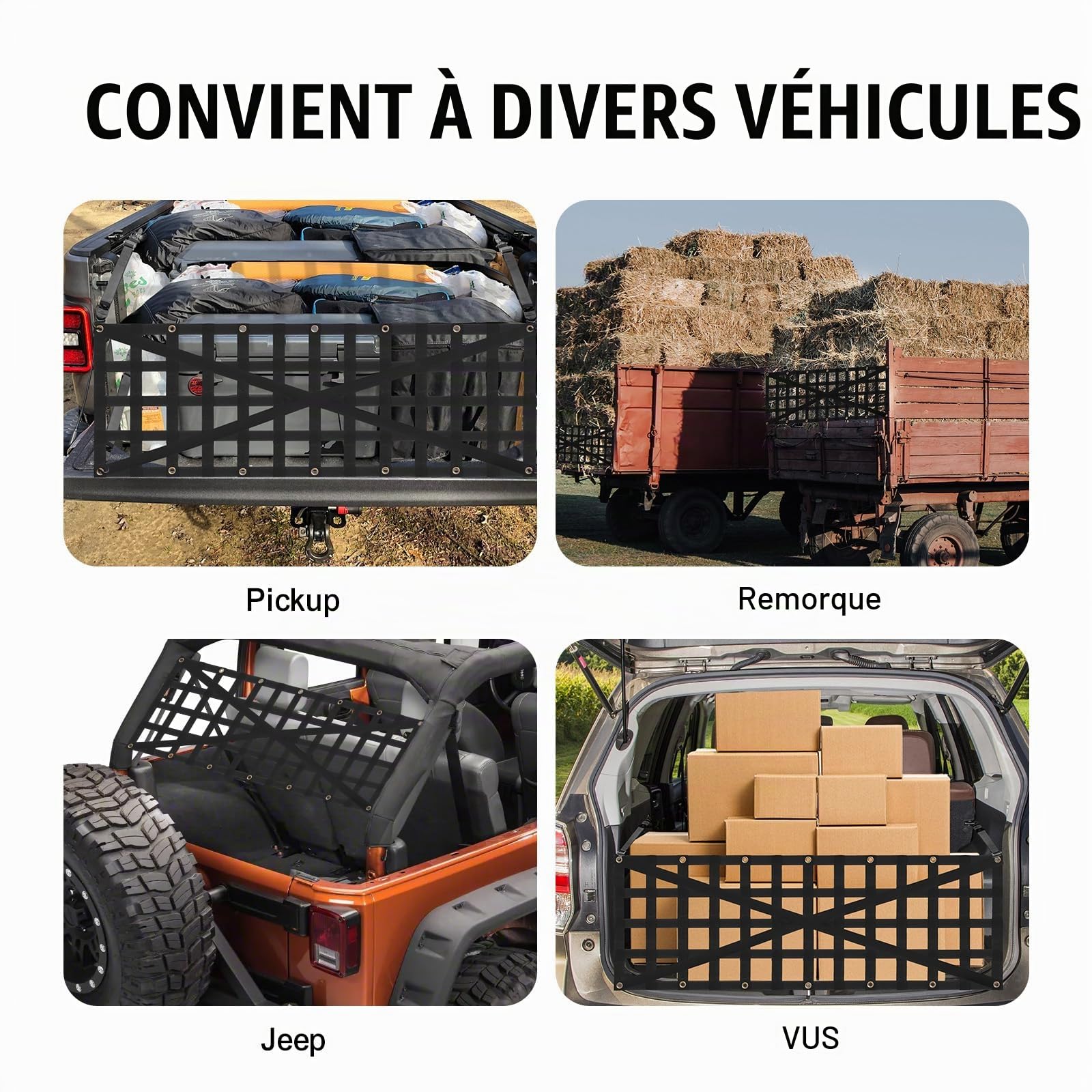 VEVOR Filet de hayon, 1370 x 470 mm, filet de chargement robuste pour camion, 4 sangles télescopiques réglables, conception renforcée en croix, extensible et durable, pour pick-up, remorque, Jeep, SUV