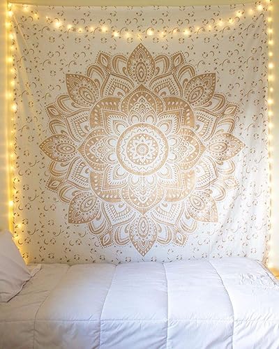 GDONLINE Tapiz de mandala dorado teñido para dormitorio, tapiz de pared hippie para decoración de habitación, tapiz de algodón bohemio, tapiz indio
