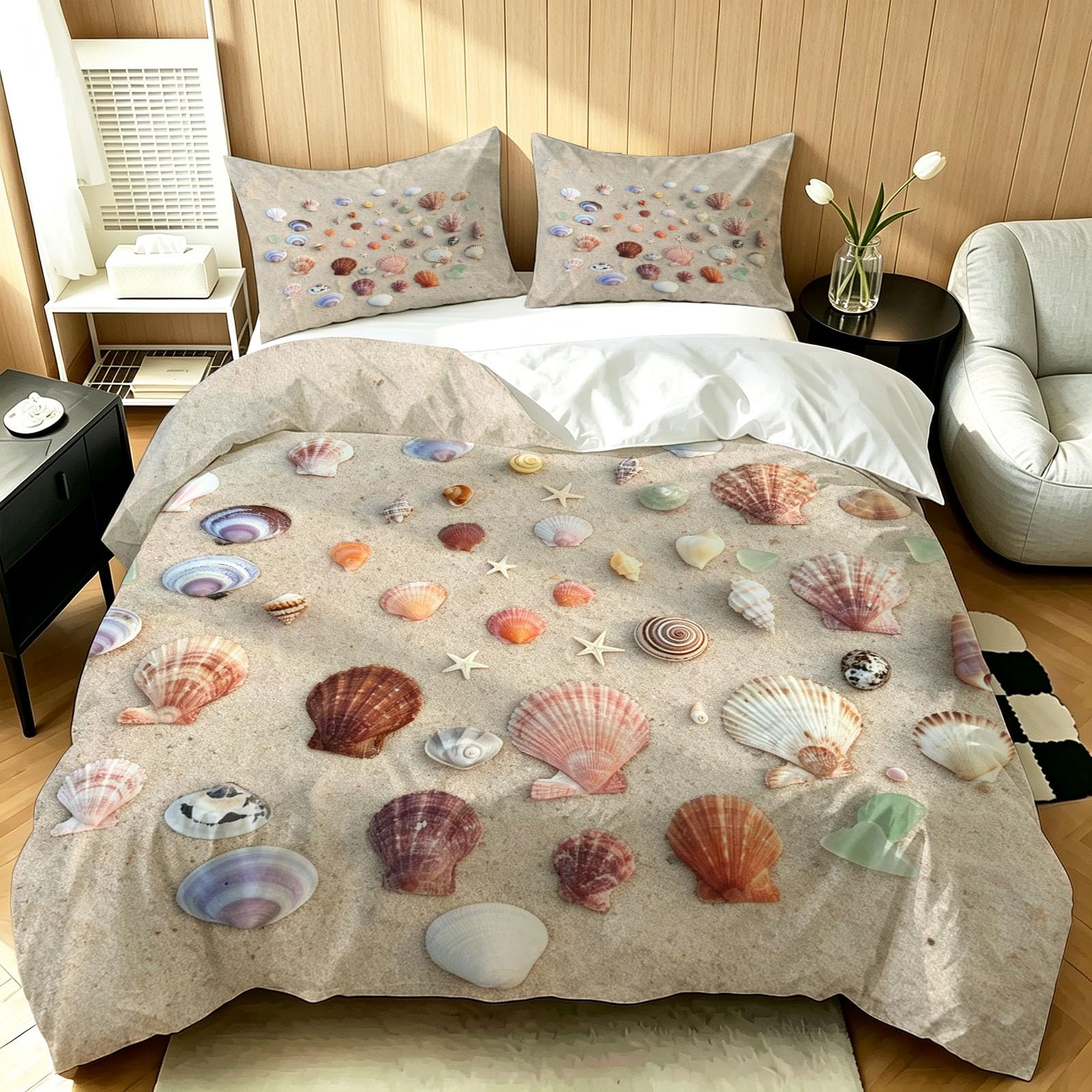 Parure Copripiumino Matrimoniale 220 x 240 cm Conchiglie e Stelle Marine Set Copripiumino Stampato Spiaggia Biancheria da Letto 3 Pezzi con Cerniera in Microfibra Morbida con 2 Federe