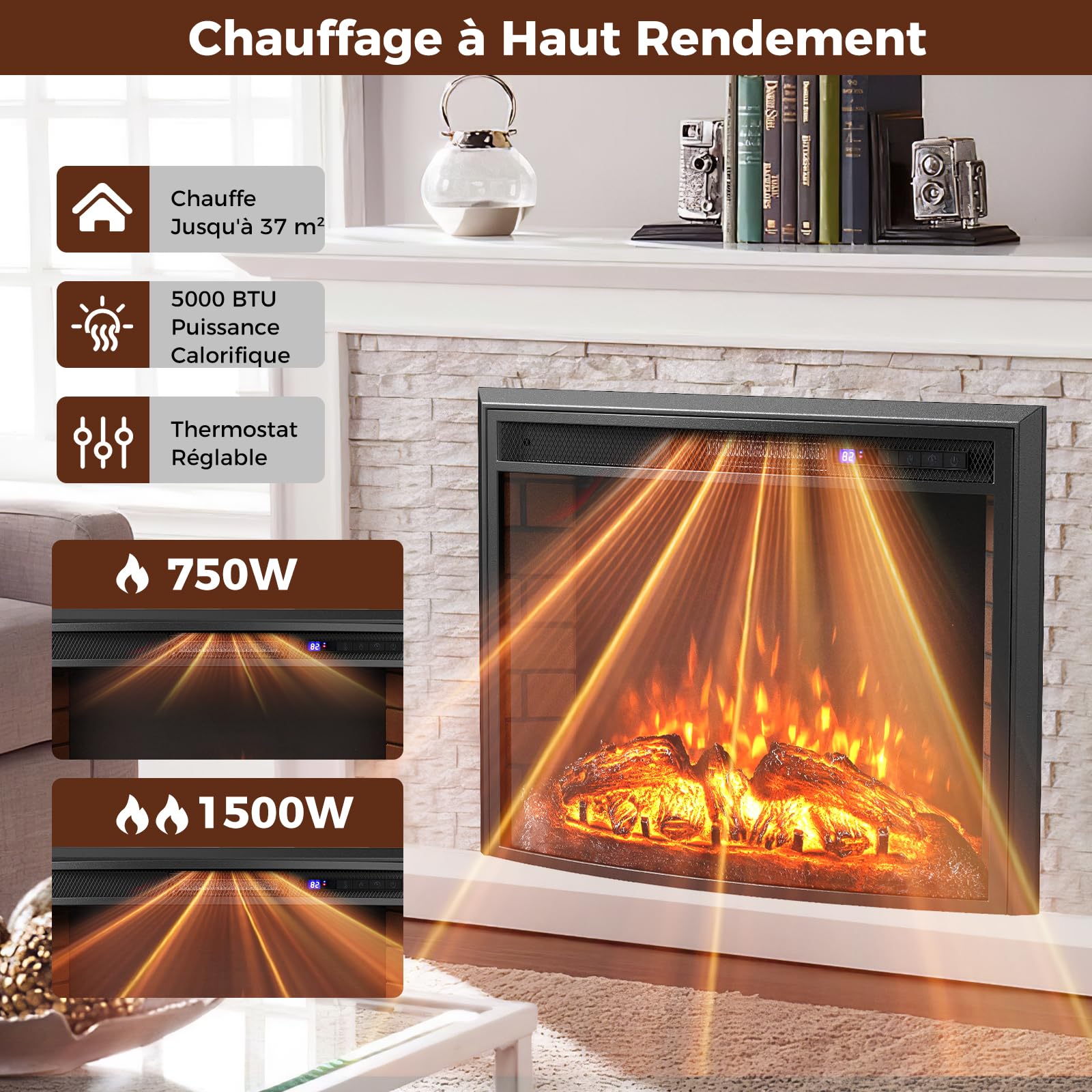 RELAX4LIFE Cheminée Électrique Encastrable 750W/1500W, 17-28℃