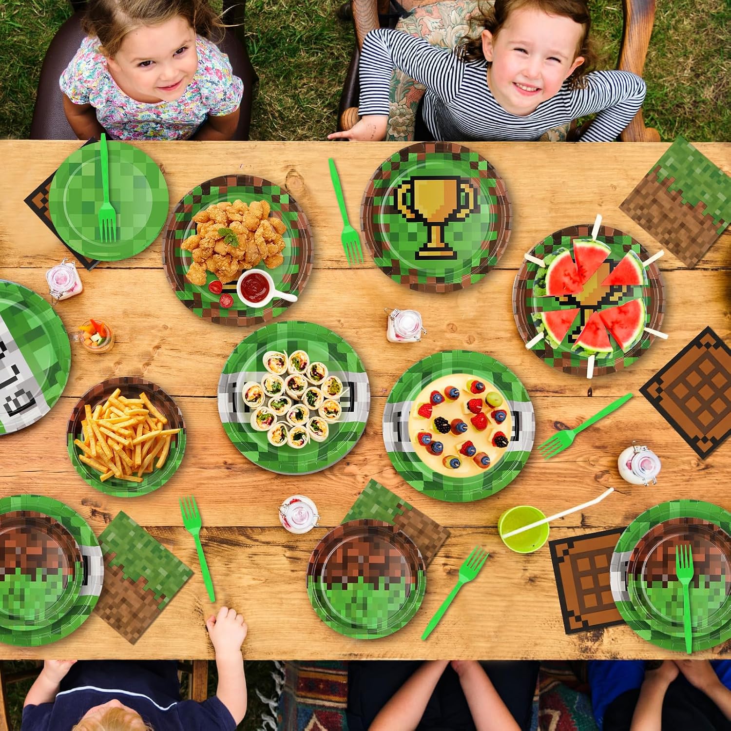 Pixel Party Paper Plates and Napkins Supplies | 200pcs | 50 7inch Dessert Plates | 50 9inch Disposable Plates | 50 Napkins | 50 Forks for Baby Shower Video Game Pixelated Themed Birthday Supplies