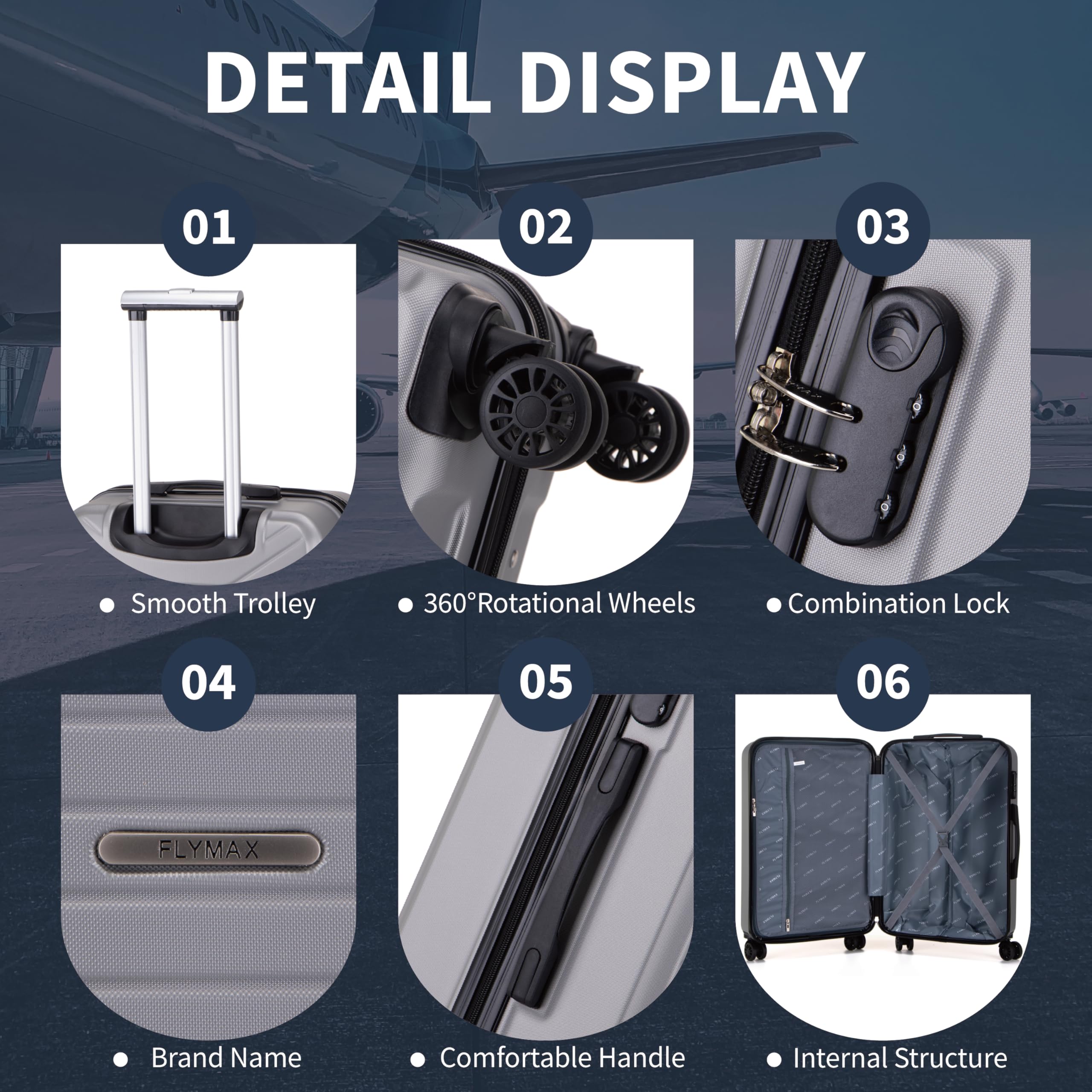 FLYMAX Valises à 4 roulettes Grandes, Moyennes & de Cabine Super Légères avec Coque Rigide et Rotation ABS pour Voyage, Argenté., 45x36x20 Carry on, Valise