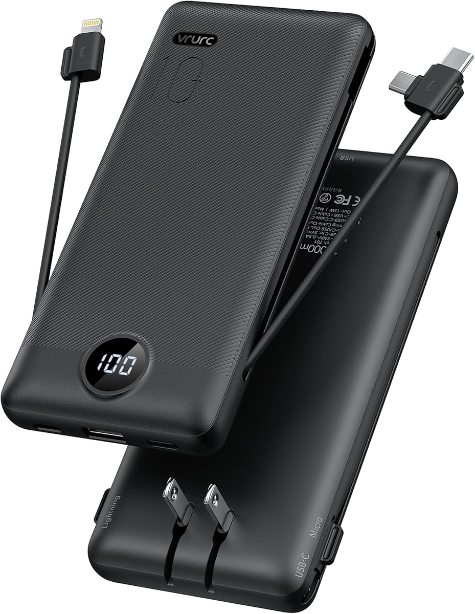 VRURC Portable Charger Built-in Cables and AC Wall Plug, USB C Power Bank 10000mAh, Travel Essentials Phone Charger Compact Lightweight External Battery Pack for Smart Phones, Tablets-Pure Black