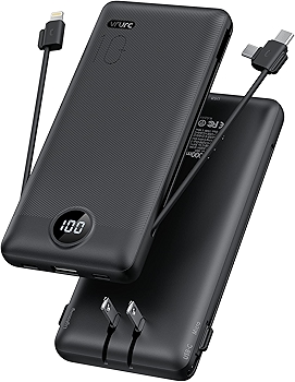 VRURC 便携式充电器 内置线缆AC插头 10000mAh多接口便携电池