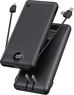 VRURC Portable Charger with Built-in Cables and AC Wall Plug, 10000mAh Power Bank USB C Phone Charger 5 Output 2 Input LED Display Ultra Slim External Battery Pack Compatible with Smart Devices-Black